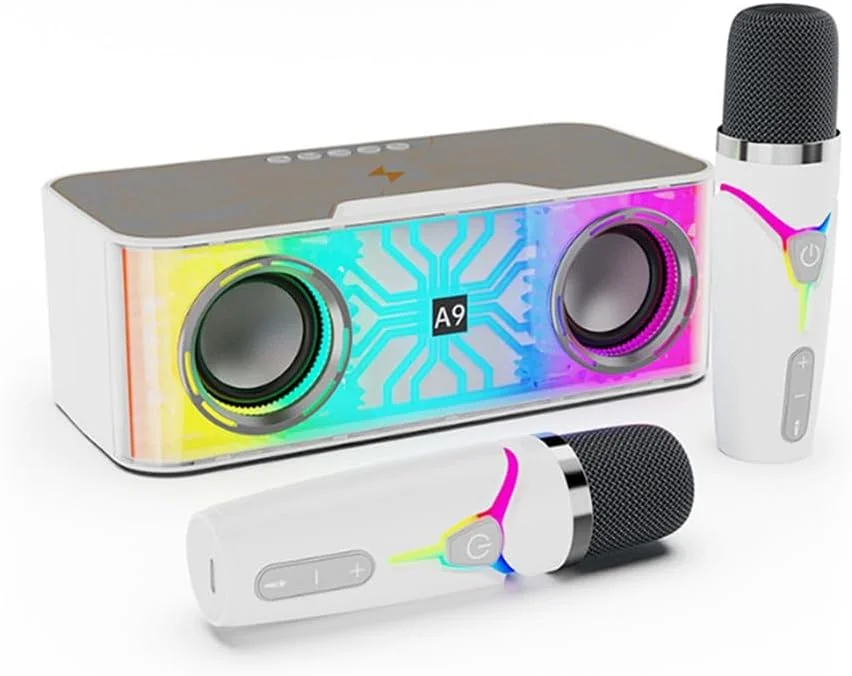 دستگاه کارائوکه Fawoonu با طراحی مکا شفاف، اسپیکر قابل حمل BT به همراه 2 میکروفون بی سیم، نور LED رنگی، میکروفون دستی کارائوکه برای جشن تولد، فضای باز، خانه، مجموعه KTV