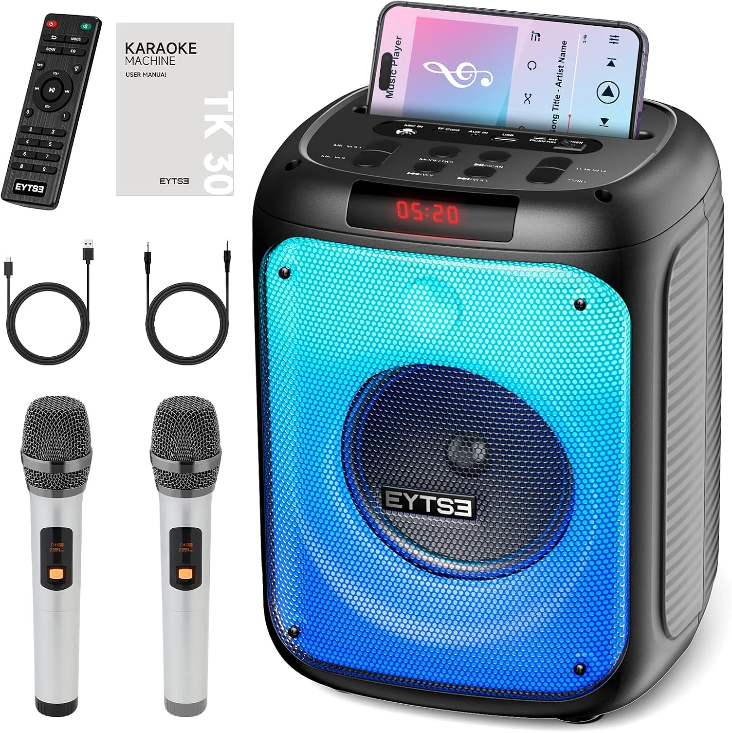 دستگاه کارائوکه برای بزرگسالان با 2 میکروفون UHF، اسپیکر کارائوکه بلوتوثی قابل حمل 20 واتی با نورهای مهمانی، جلوه های اکو، صدای استریو TWS / ضبط USB برای مهمانی خانگی در فضای داخلی / خارجی