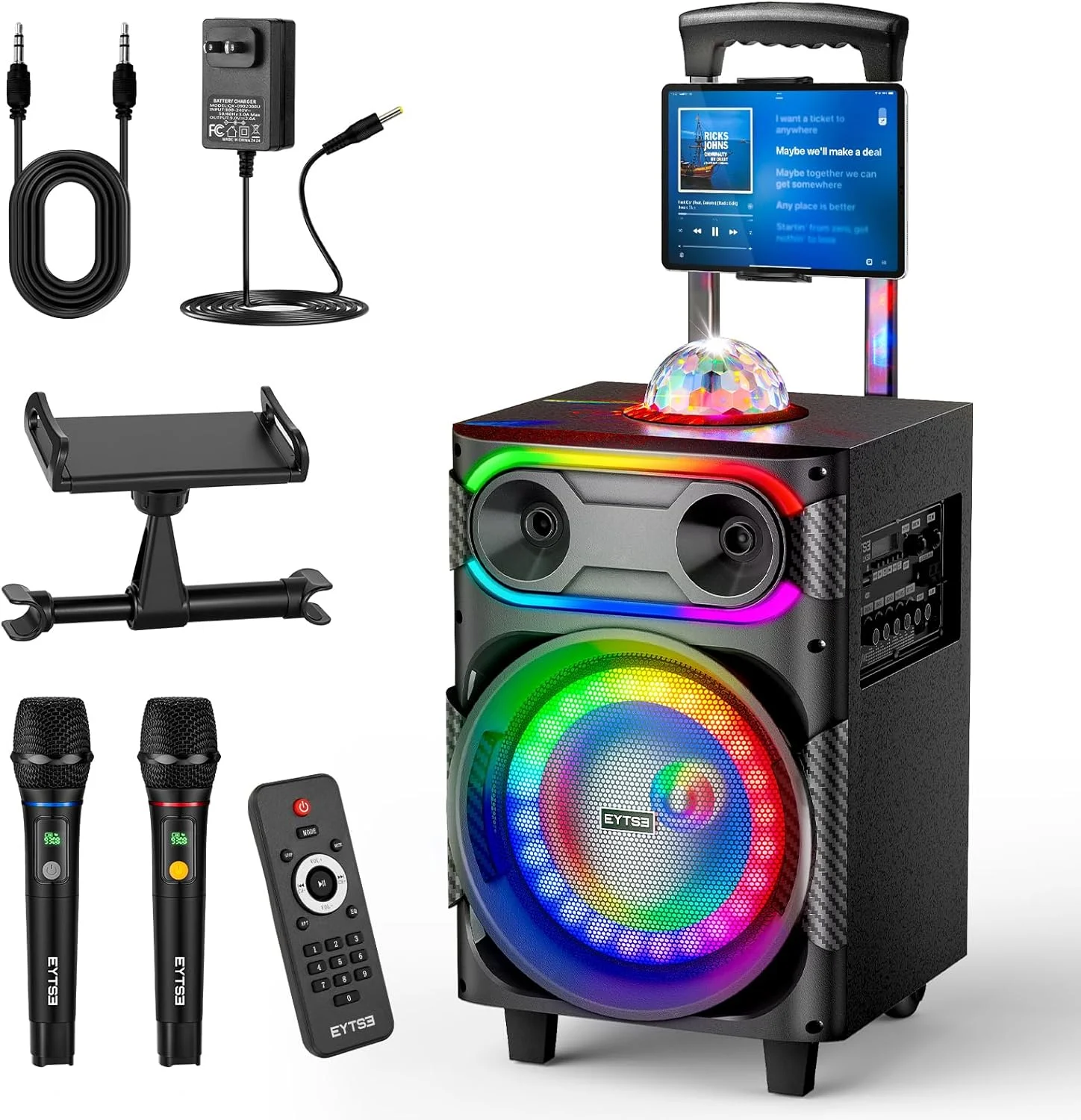 دستگاه کارائوکه برای بزرگسالان با 2 میکروفون بی سیم، سیستم PA قابل حمل BT، بلندگوی مهمانی با توپ دیسکو و چراغ های LED، نگهدارنده صفحه نمایش متن ترانه تبلت، کنترل از راه دور، چرخ های غلتکی و چرخ دستی