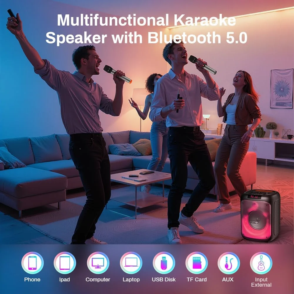 دستگاه کارائوکه برای بزرگسالان با 2 میکروفون UHF، اسپیکر کارائوکه بلوتوثی قابل حمل 20 واتی با نورهای مهمانی، جلوه های اکو، صدای استریو TWS / ضبط USB برای مهمانی خانگی در فضای داخلی / خارجی دستگاه کارائوکه برای بزرگسالان با 2 میکروفون UHF، اسپیکر کارائوکه بلوتوثی قابل حمل 20 واتی با نورهای مهمانی، جلوه های اکو، صدای استریو TWS / ضبط USB برای مهمانی خانگی در فضای داخلی / خارجی