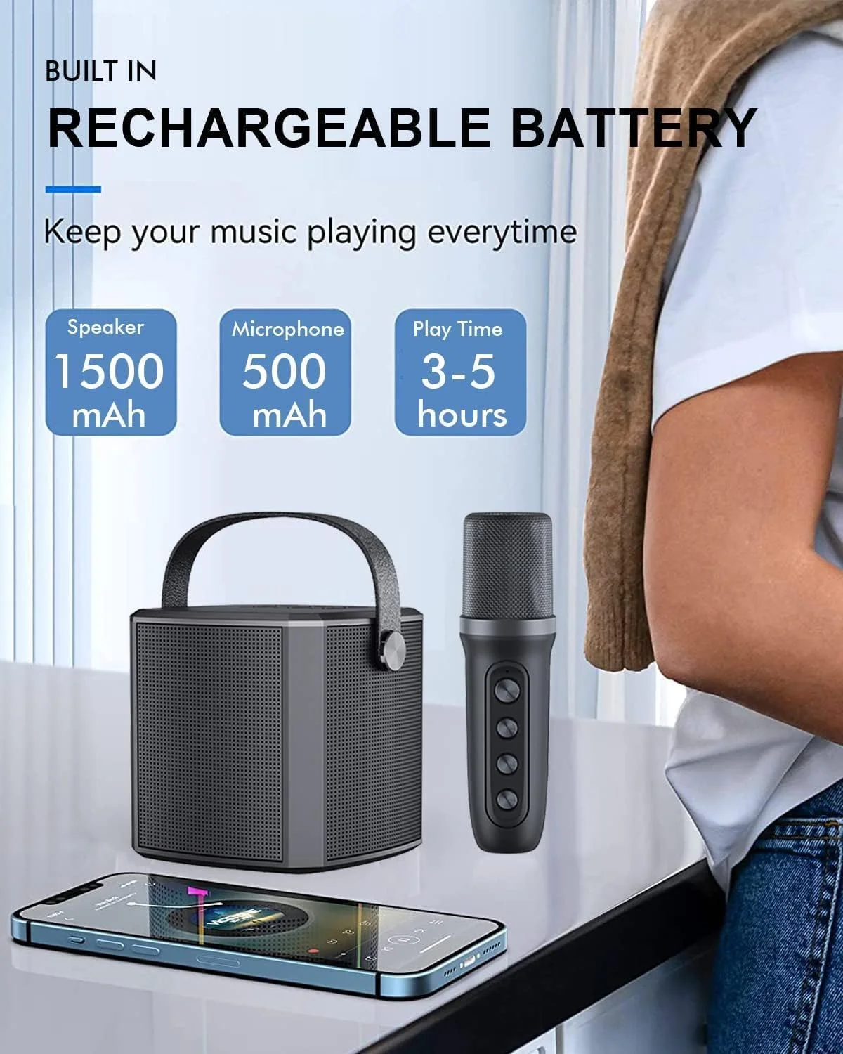 اسپیکر بلوتوثی Elterazone YS-102، مناسب کارائوکه خانوادگی، فضای باز، میکروفون حرفه ای برای آواز کودکان، دارای باتری قابل شارژ، صدای بلند و اتصال بلوتوث (مشکی)