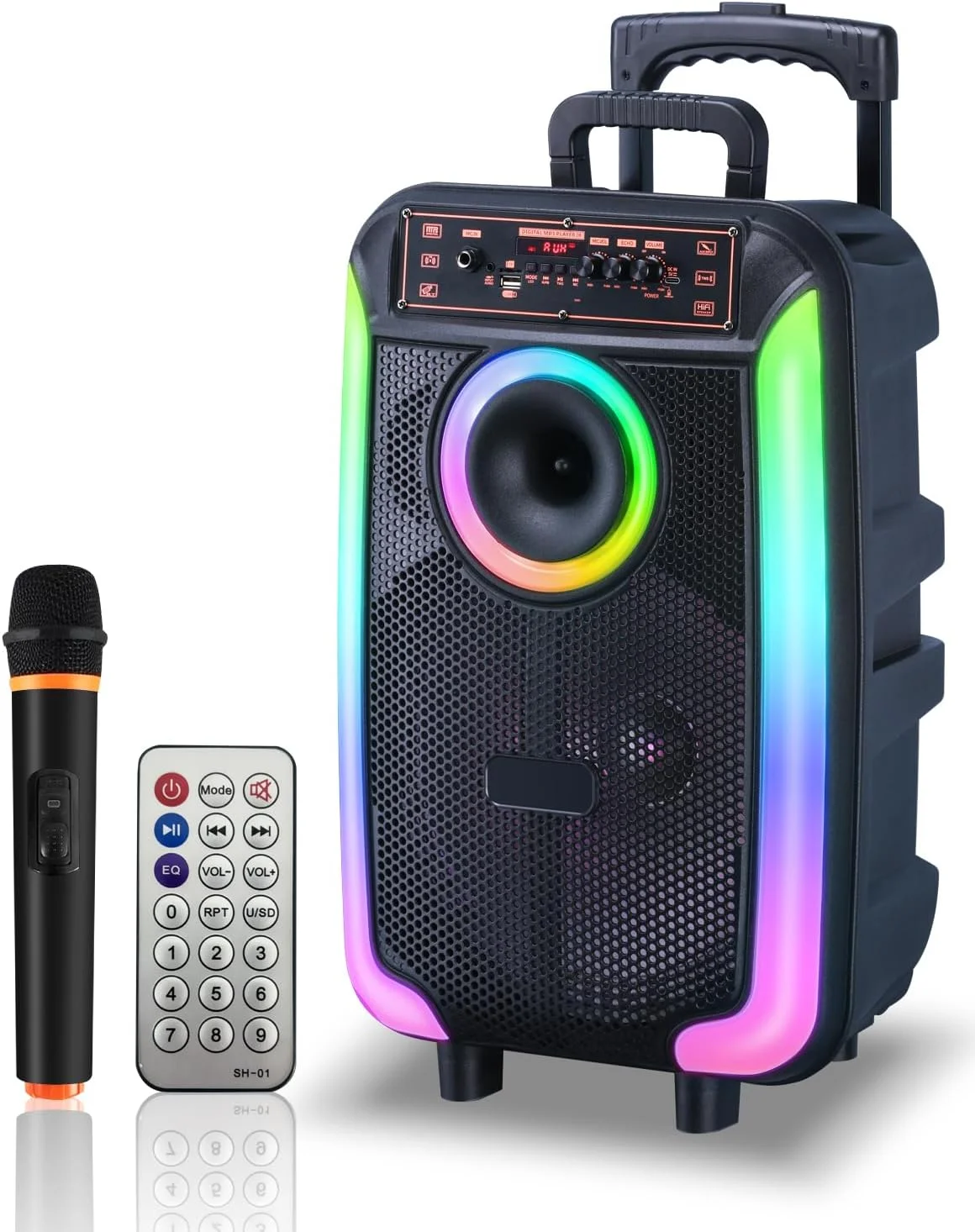 دستگاه کارائوکه قابل حمل MM0816، بلندگوی PA ۱۲ اینچی با میکروفون بی سیم، پشتیبانی از کارت TF/USB، AUX، FM، حالت TWS، چراغ های RGB