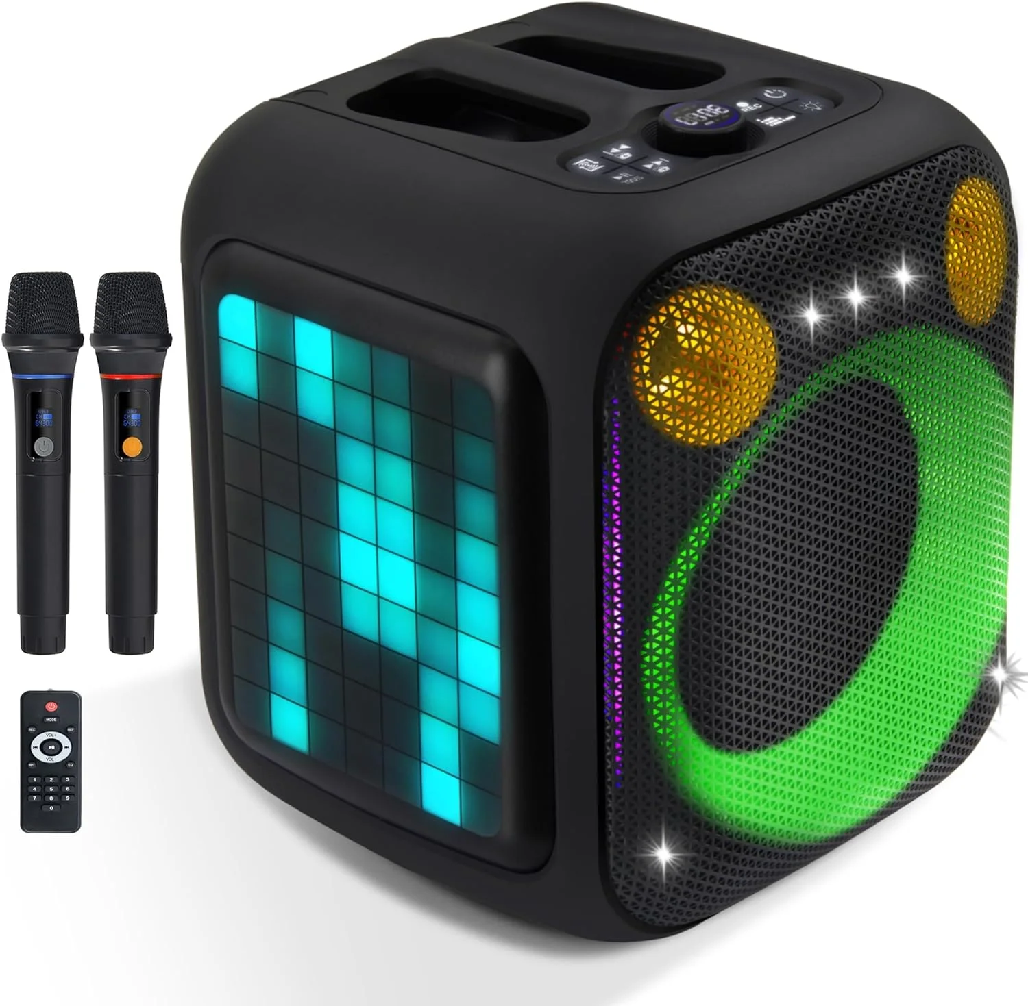 دستگاه کارائوکه پیکسل باکس، اسپیکر مهمانی قابل حمل بلوتوث، سیستم PA، 2 میکروفون بی سیم قابل شارژ، ساب ووفر 6.5 اینچی 180 واتی، نور LED پویا، مناسب بزرگسالان، استفاده در منزل و فضای باز، TWS