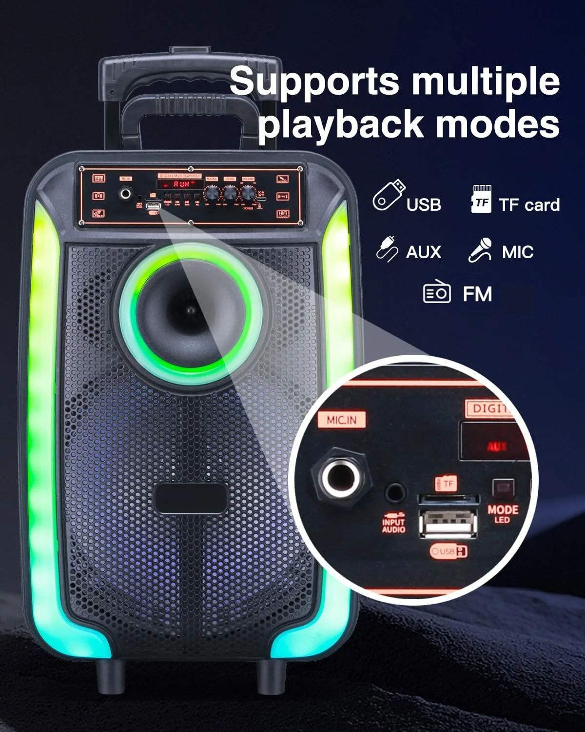 دستگاه کارائوکه قابل حمل MM0816، بلندگوی PA ۱۲ اینچی با میکروفون بی سیم، پشتیبانی از کارت TF/USB، AUX، FM، حالت TWS، چراغ های RGB