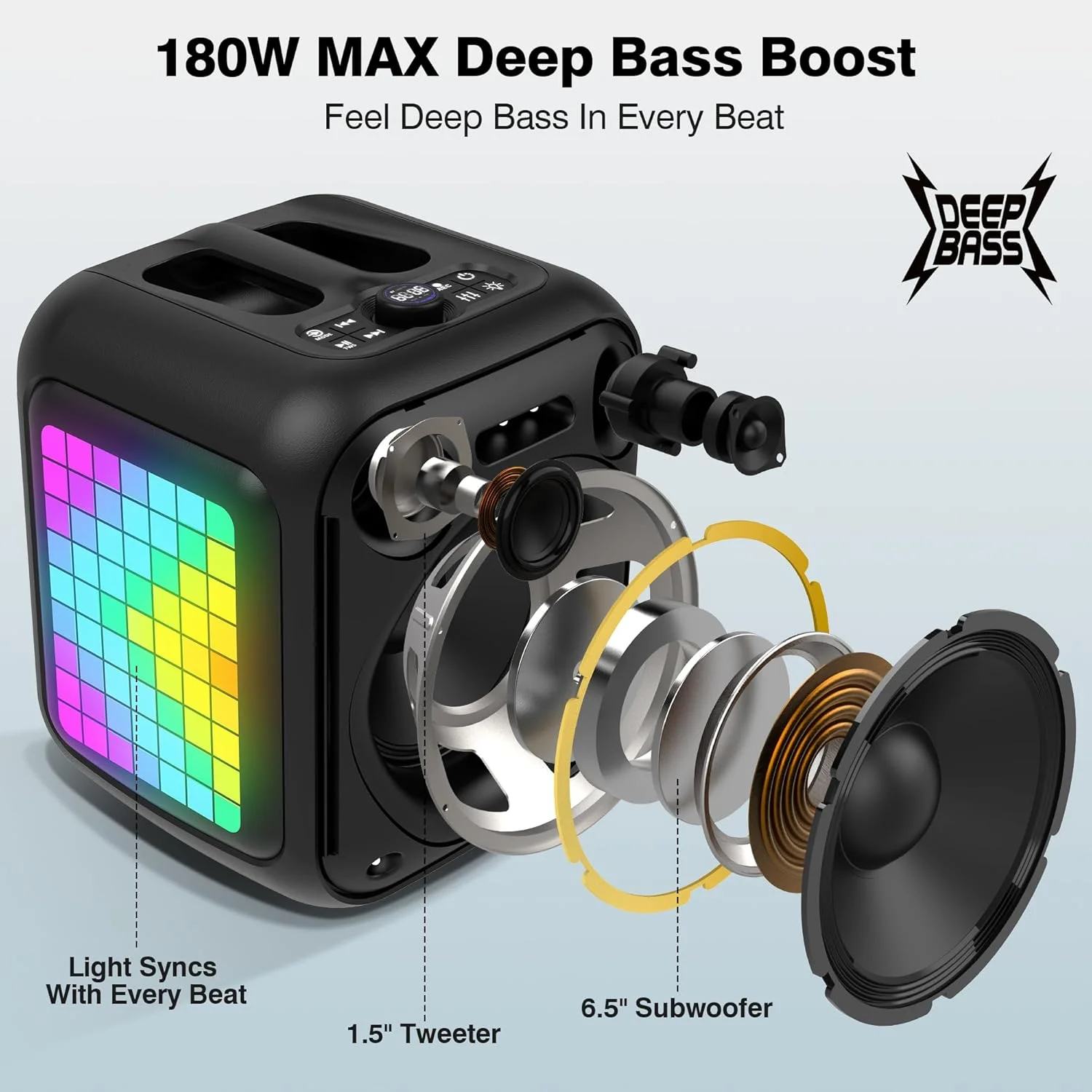 دستگاه کارائوکه پیکسل باکس، اسپیکر مهمانی قابل حمل بلوتوث، سیستم PA، 2 میکروفون بی سیم قابل شارژ، ساب ووفر 6.5 اینچی 180 واتی، نور LED پویا، مناسب بزرگسالان، استفاده در منزل و فضای باز، TWS