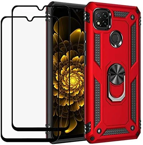 قاب محافظ گوشی شیائومی ردمی 9C به همراه محافظ صفحه نمایش شیشه ای [2 عدد]، مقاوم در برابر ضربه، دارای حلقه چرخان 360 درجه و پایه نگهدارنده، پوشش دو لایه، رنگ قرمز