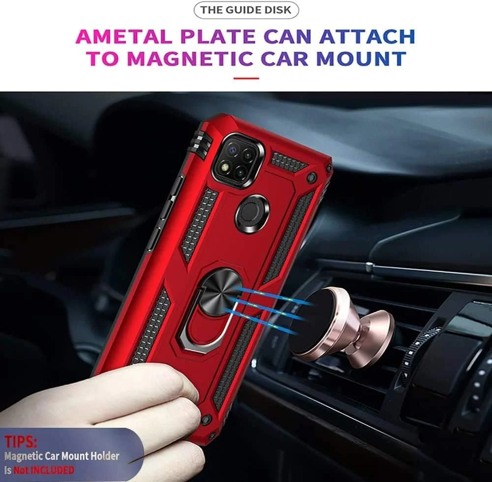 قاب محافظ گوشی شیائومی ردمی 9C به همراه محافظ صفحه نمایش شیشه ای [2 عدد]، مقاوم در برابر ضربه، دارای حلقه چرخان 360 درجه و پایه نگهدارنده، پوشش دو لایه، رنگ قرمز