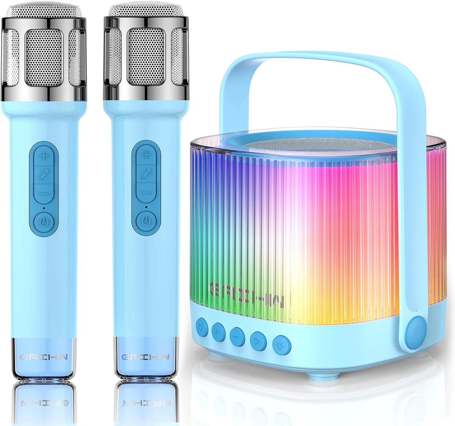 دستگاه کارائوکه بلوتوثی قابل حمل EAIHW با 2 میکروفون بی سیم، پنج حالت نورپردازی دیسکو LED، پنج حالت صدای خنده دار، مناسب برای مهمانی های خانوادگی (آبی)
