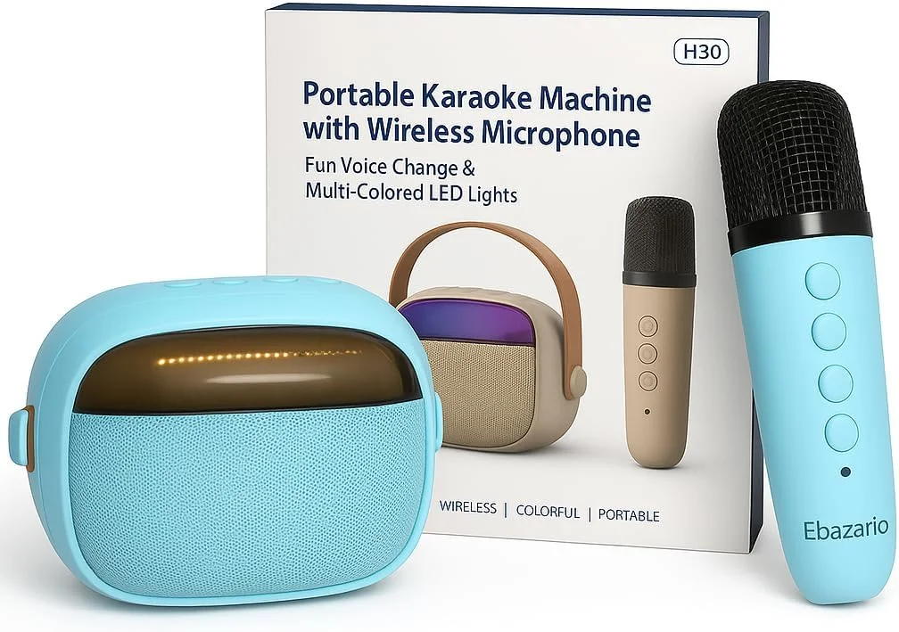 دستگاه کارائوکه قابل حمل Ebazario با میکروفون بی سیم، چراغ های LED، تغییر صدا، آبی