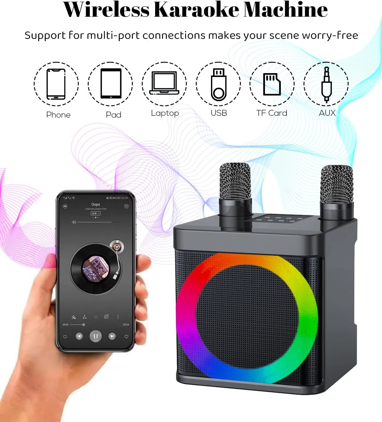 دستگاه کارائوکه برای کودکان و بزرگسالان با 2 میکروفون بی‌سیم، سیستم بلندگوی PA بلوتوث قابل حمل با چراغ‌های مهمانی LED برای مهمانی خانگی، پیک نیک، ماشین، هدایای تولد در فضای باز/داخلی