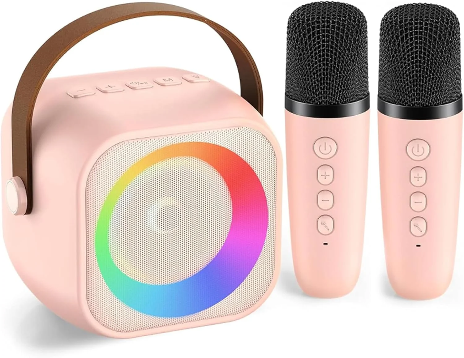 دستگاه کارائوکه قابل حمل بلوتوثی کوچک با 2 میکروفون بی سیم، هدیه تولد برای دختران پسران مهمانی خانوادگی (صورتی)