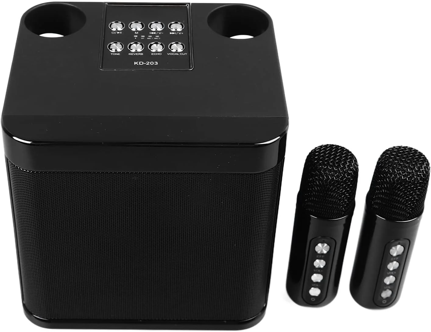 اسپیکر کارائوکه بی سیم Jiawu، اسپیکر مینی قابل حمل با دو میکروفون برای مهمانی های خانگی، کمپینگ و دورهمی های اجتماعی، بدنه ABS مشکی