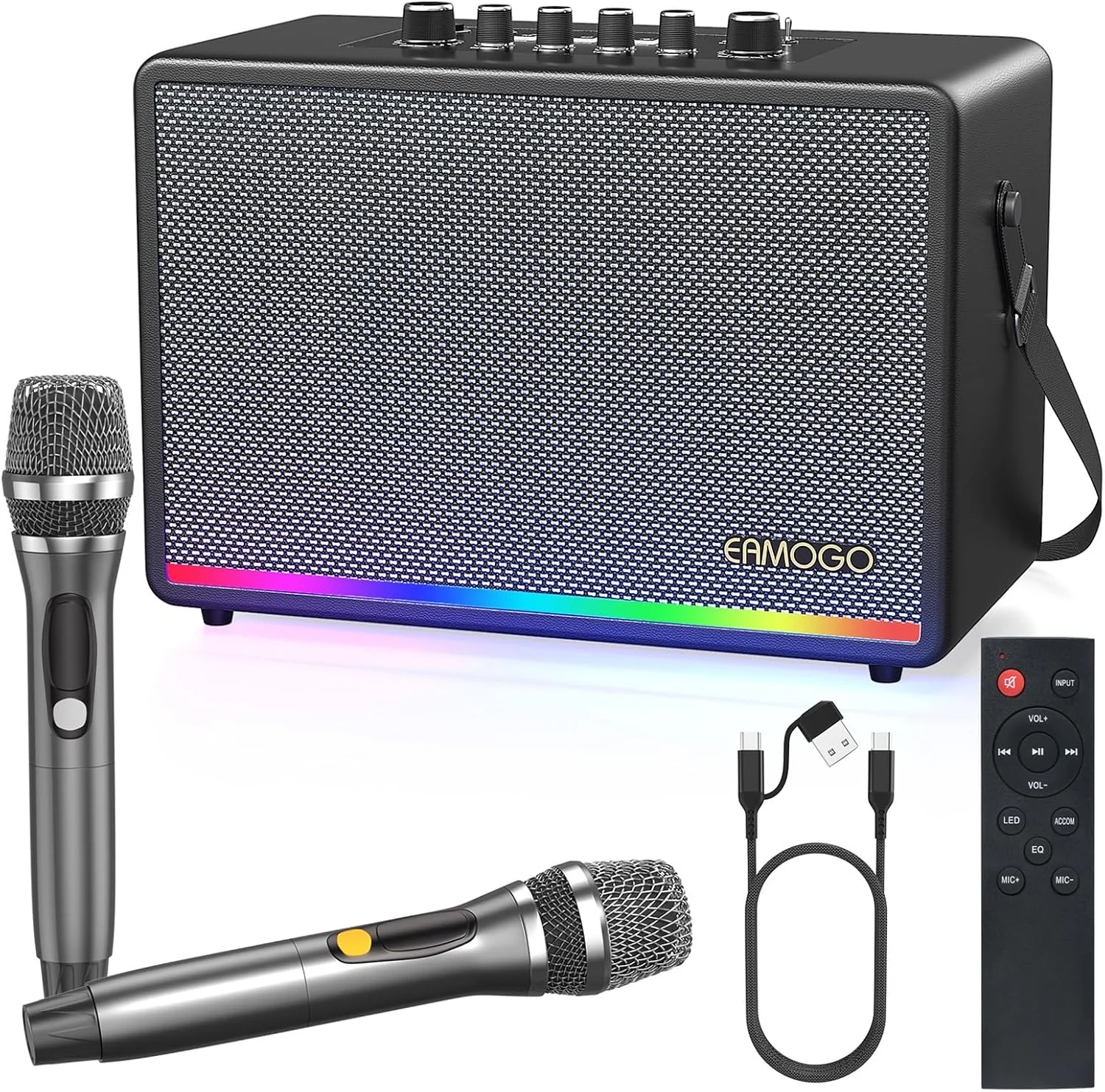دستگاه کارائوکه قابل حمل با میکروفون‌های بی‌سیم | اسپیکر بلوتوث قابل شارژ برای مهمانی‌های داخلی/خارجی | سیستم PA با AUX/USB/OTG | سرگرمی صوتی به سبک رترو برای کودکان و بزرگسالان (مشکی)