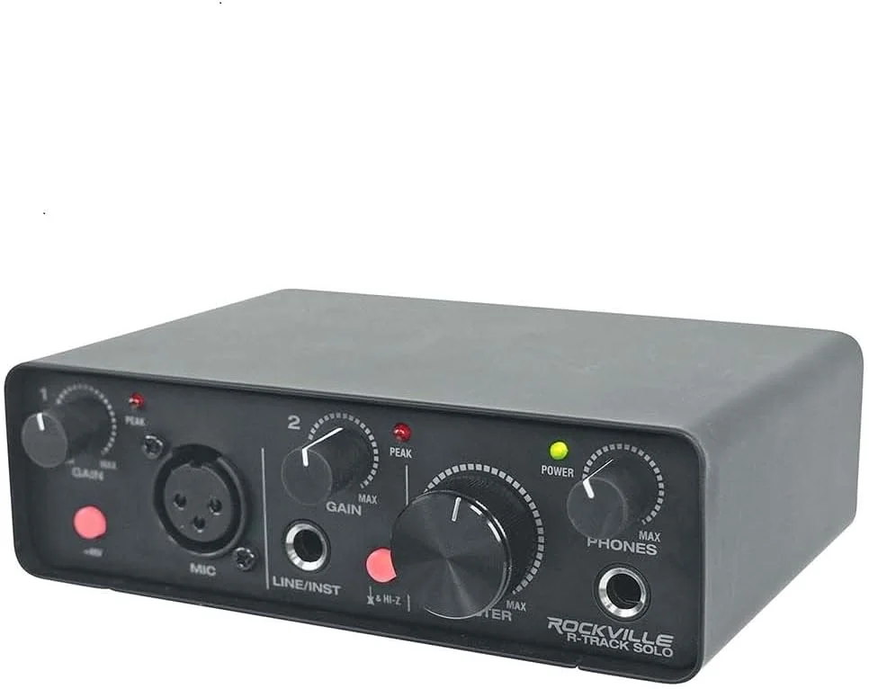 اینترفیس صوتی Rockville R-TRACK SOLO USB C، 24 بیت 192 کیلوهرتز، درایورهای ASIO، فانتوم پاور، تاخیر کم، طراحی جمع و جور، برای ضبط استودیویی خانگی و پادکست