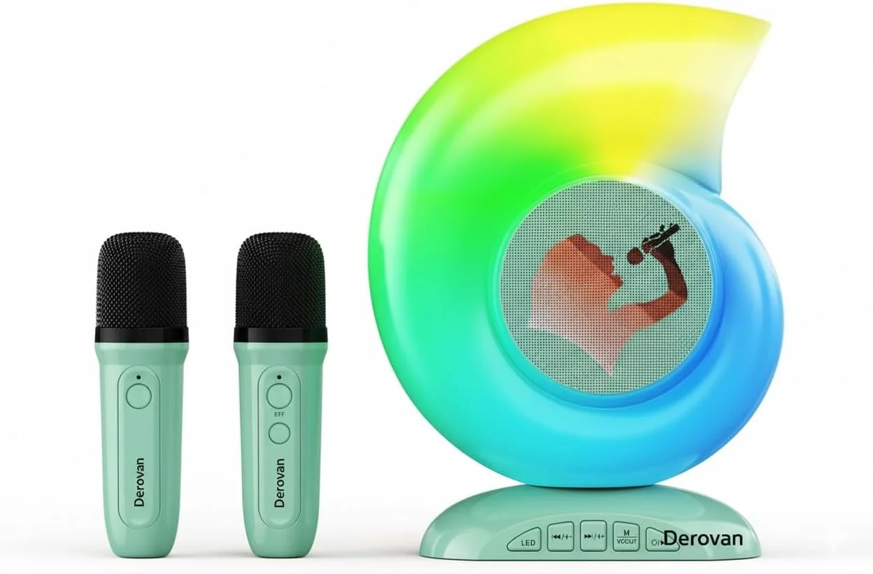 اسپیکر کارائوکه کوچک قابل حمل با دو میکروفون بی سیم، بلوتوث 5.3 و نورپردازی RGB محیطی - کودکان و بزرگسالان