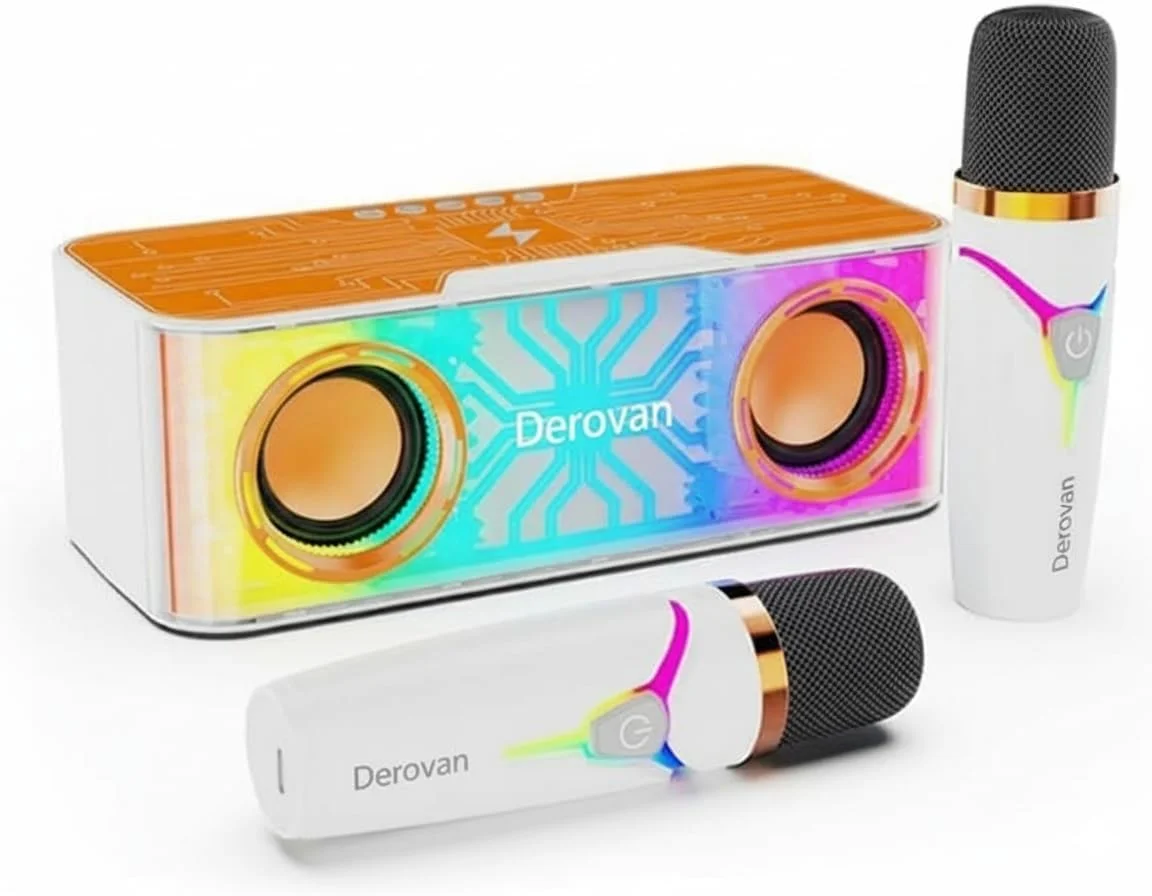 مجموعه میکروفون و اسپیکر کارائوکه بلوتوثی شفاف با طراحی مکانیکی – دارای دو میکروفون بی سیم، چراغ های LED رنگی پویا، قابل حمل و شارژ، پخش چند حالته (BT/TF/AUX/USB)