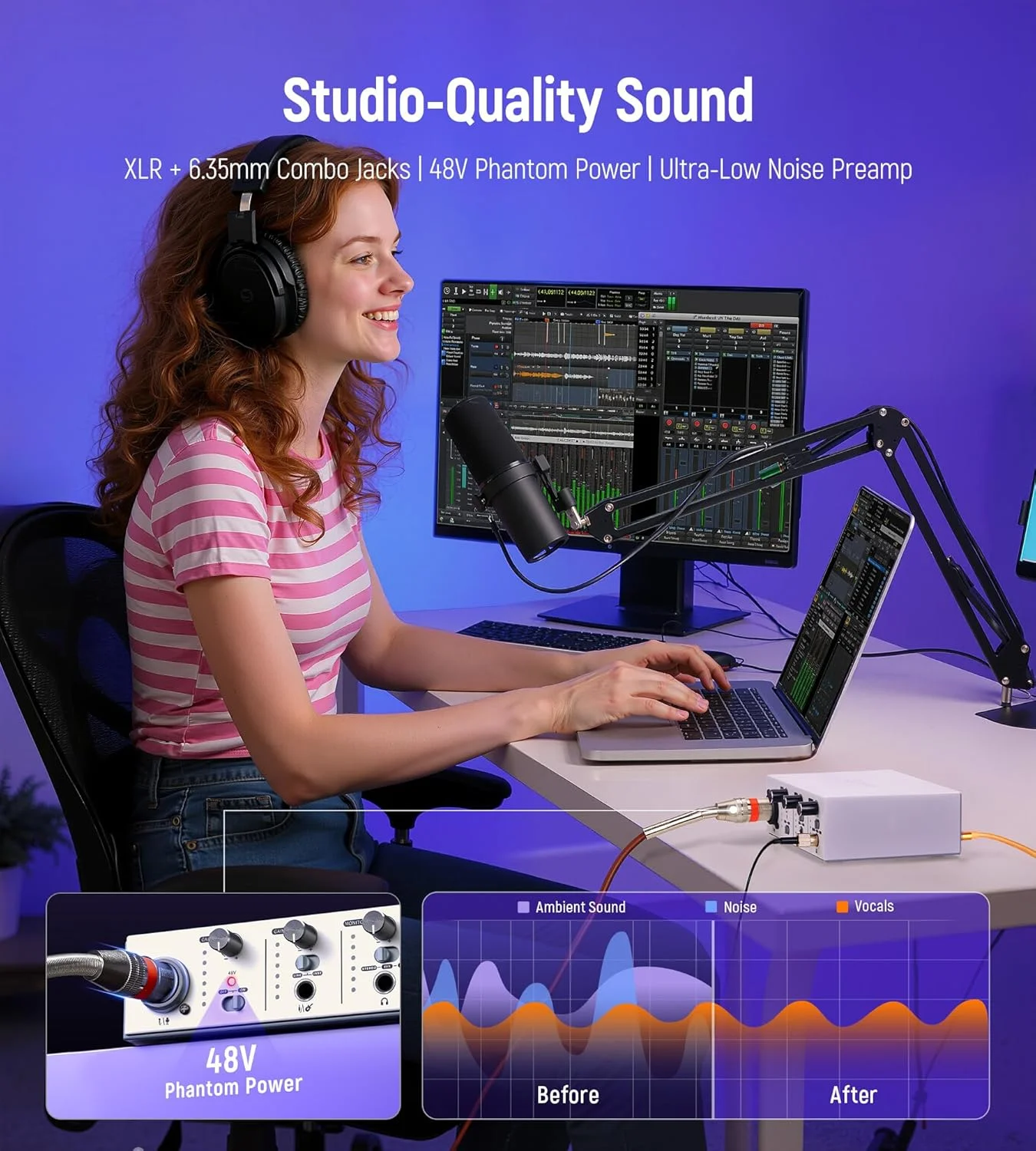 کارت صدای USB C سینیدو سولو برای ضبط موسیقی، استریمینگ، پادکست با XLR، ورودی لاین، 24 بیت/48 کیلوهرتز، فانتوم پاور 48 ولت، 2 کانال، نقره ای