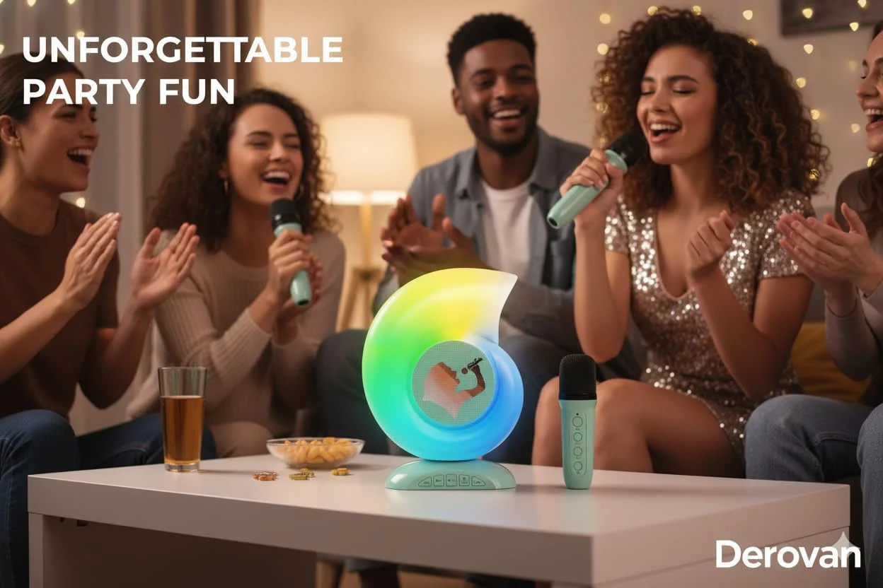 اسپیکر کارائوکه کوچک قابل حمل با دو میکروفون بی سیم، بلوتوث 5.3 و نورپردازی RGB محیطی - کودکان و بزرگسالان