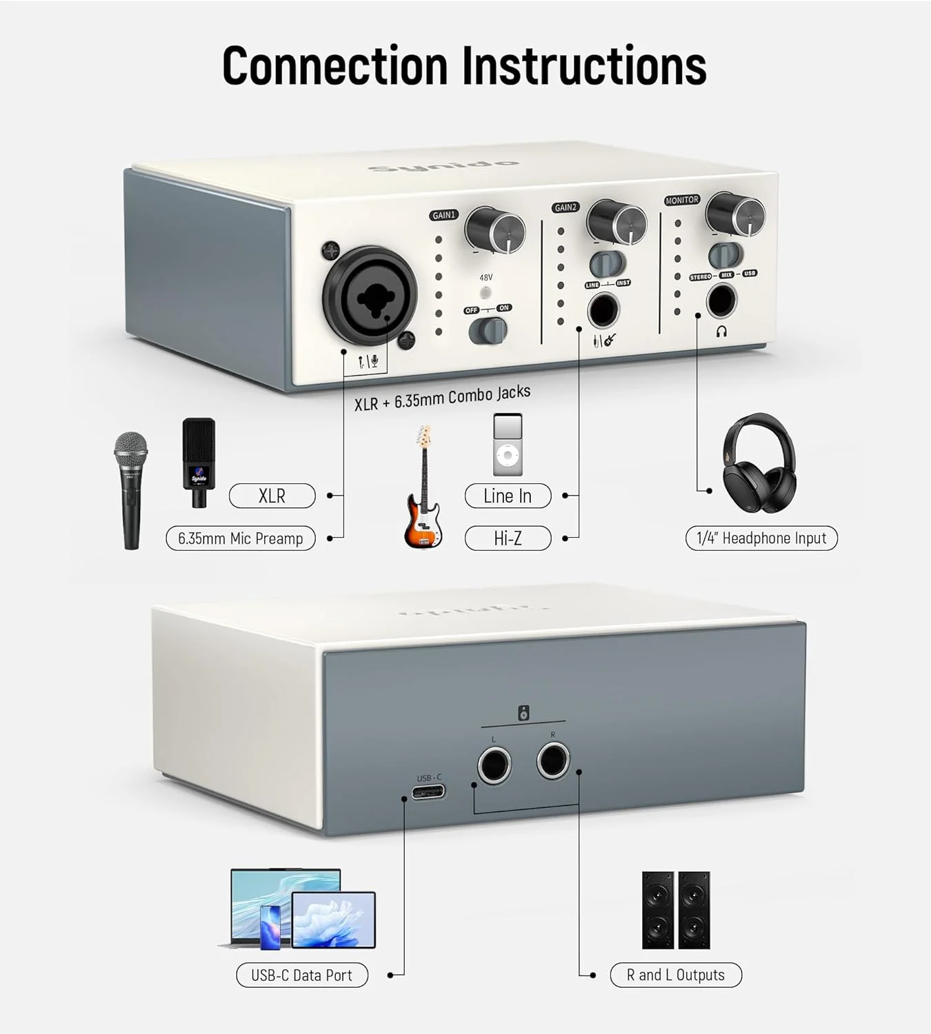 کارت صدای USB C سینیدو سولو برای ضبط موسیقی، استریمینگ، پادکست با XLR، ورودی لاین، 24 بیت/48 کیلوهرتز، فانتوم پاور 48 ولت، 2 کانال، نقره ای