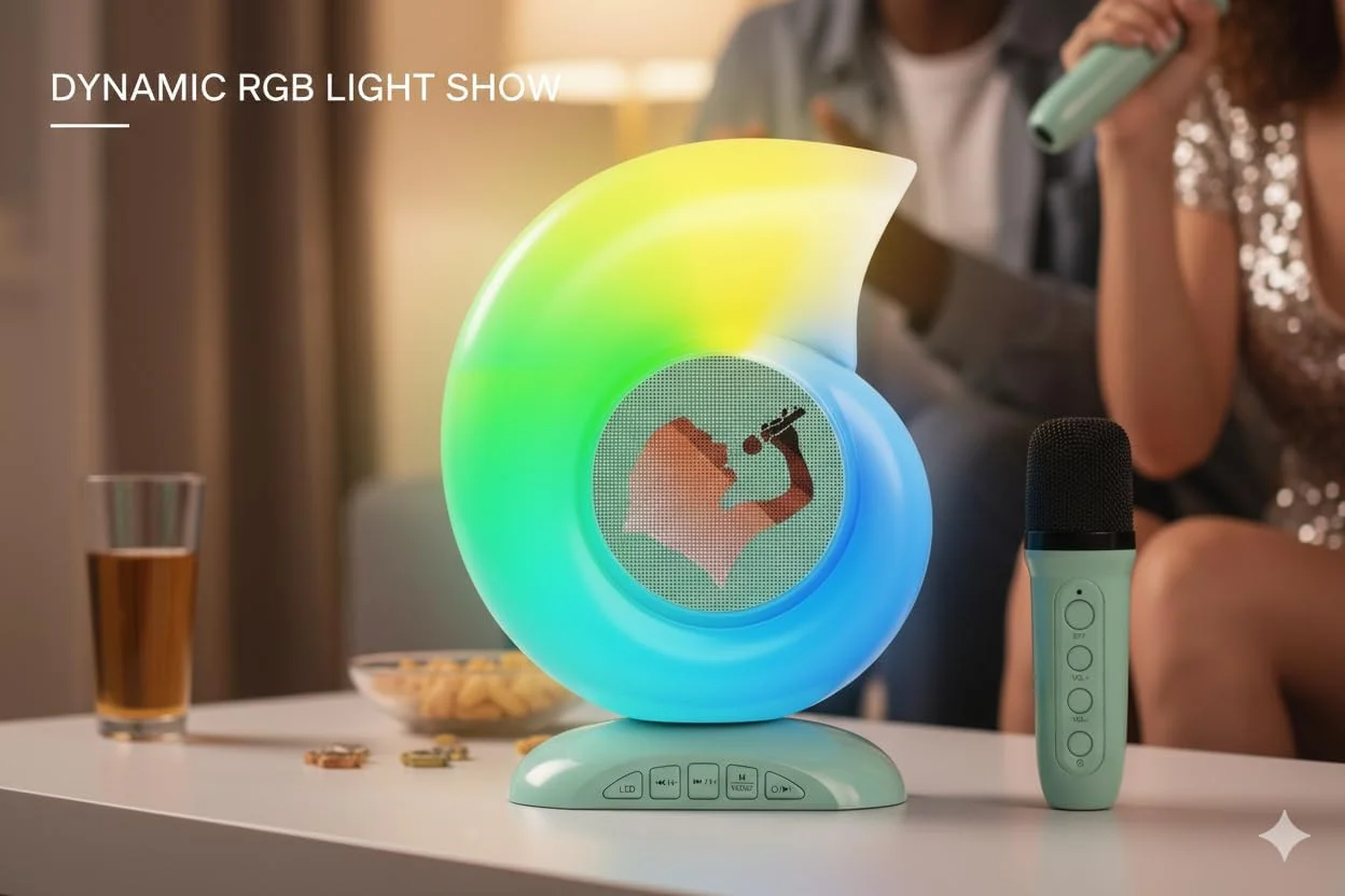اسپیکر کارائوکه کوچک قابل حمل با دو میکروفون بی سیم، بلوتوث 5.3 و نورپردازی RGB محیطی - کودکان و بزرگسالان
