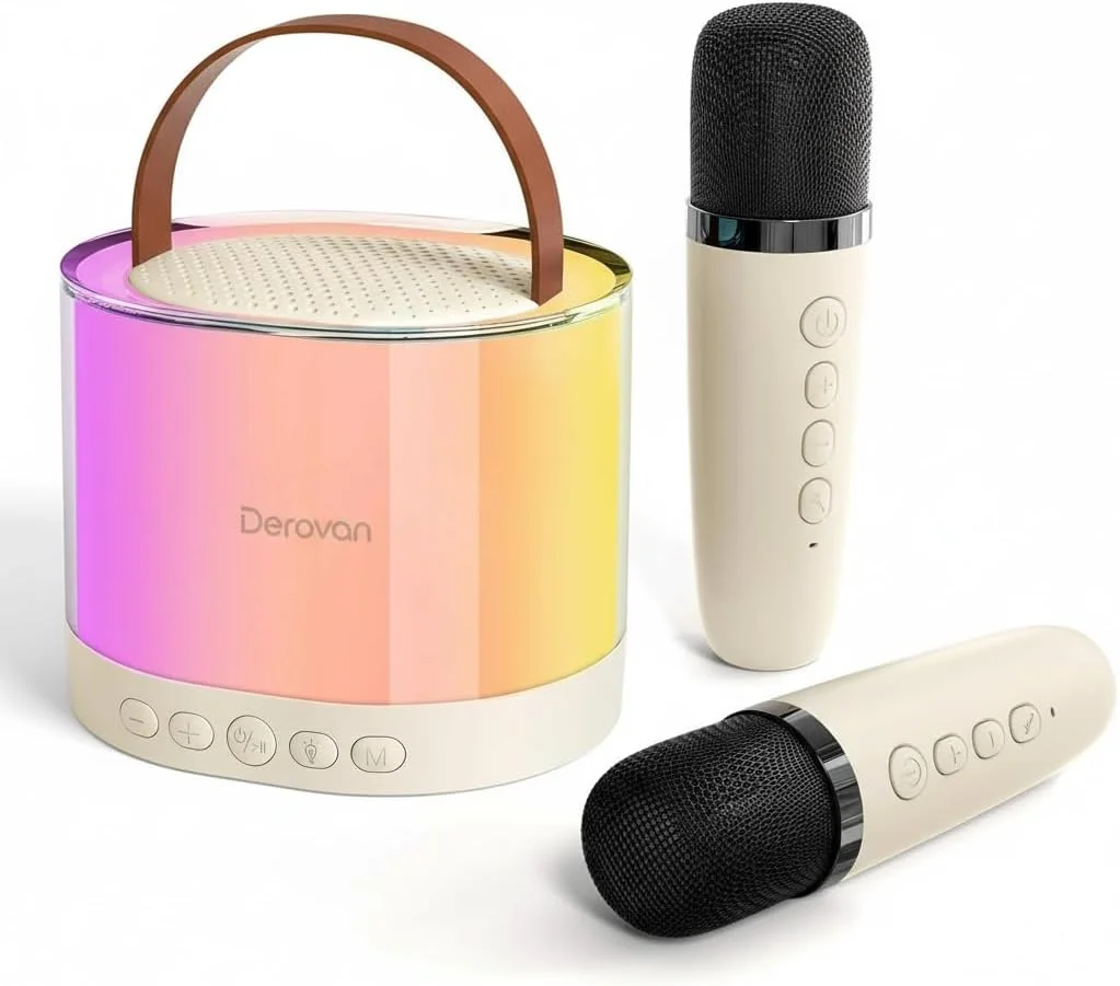 اسپیکر کارائوکه بلوتوثی کوچک با دو میکروفون بی سیم، چراغ های تغییر رنگ RGB، جلوه های صوتی و 10 ساعت پخش