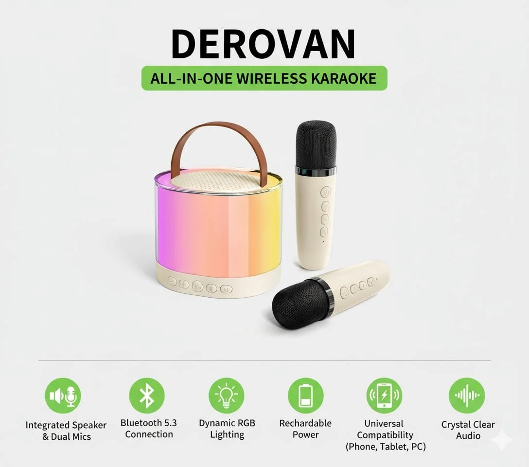 اسپیکر کارائوکه بلوتوثی کوچک با دو میکروفون بی سیم، چراغ های تغییر رنگ RGB، جلوه های صوتی و 10 ساعت پخش اسپیکر کارائوکه بلوتوثی کوچک با دو میکروفون بی سیم، چراغ های تغییر رنگ RGB، جلوه های صوتی و 10 ساعت پخش