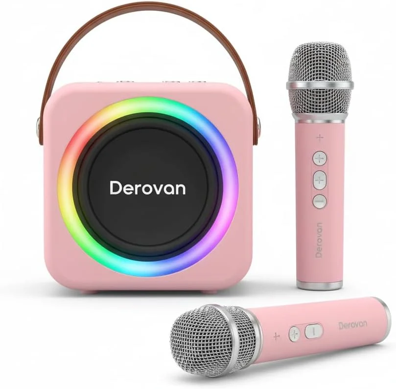 دستگاه کارائوکه بلوتوث قابل حمل - مینی اسپیکر شارژی با 2 میکروفون بی سیم، چراغ های LED و جلوه های صوتی، ایده آل برای کودکان و بزرگسالان، مهمانی خانگی و هدیه