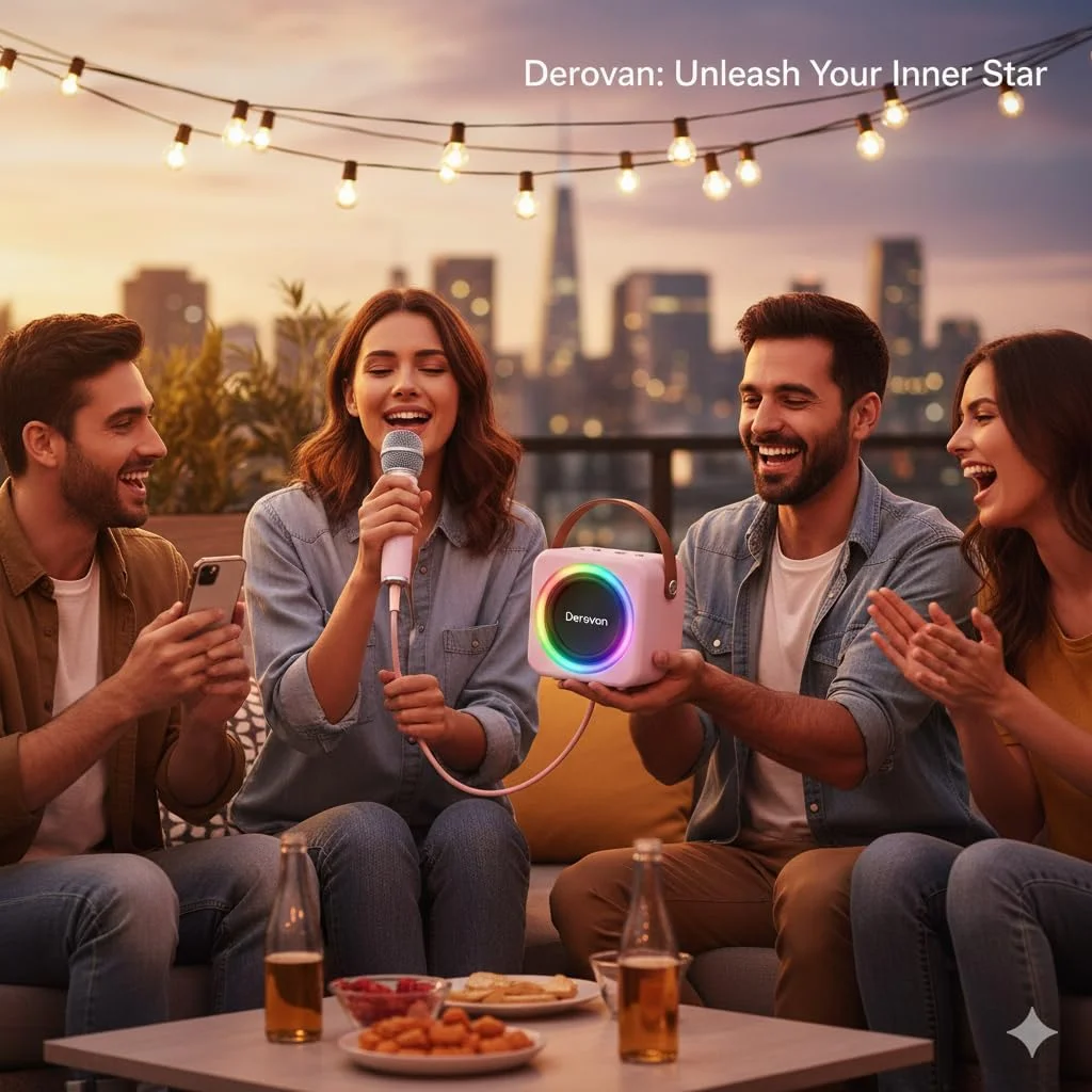 دستگاه کارائوکه بلوتوث قابل حمل - مینی اسپیکر شارژی با 2 میکروفون بی سیم، چراغ های LED و جلوه های صوتی، ایده آل برای کودکان و بزرگسالان، مهمانی خانگی و هدیه