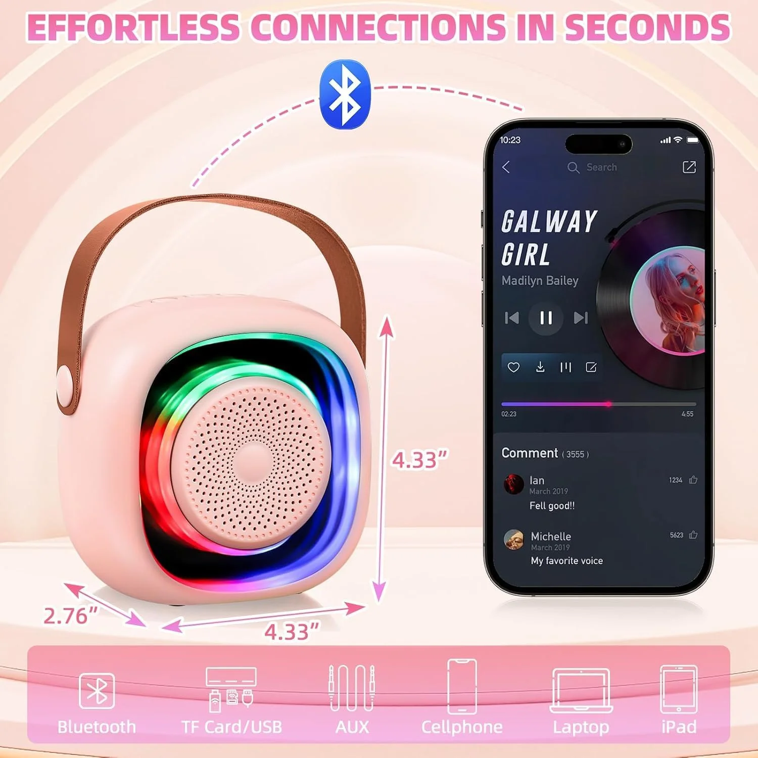 دستگاه کارائوکه بلوتوث قابل حمل - مینی اسپیکر شارژی با 2 میکروفون بی سیم، چراغ های LED و جلوه های صوتی، ایده آل برای کودکان و بزرگسالان، مهمانی خانگی و هدیه