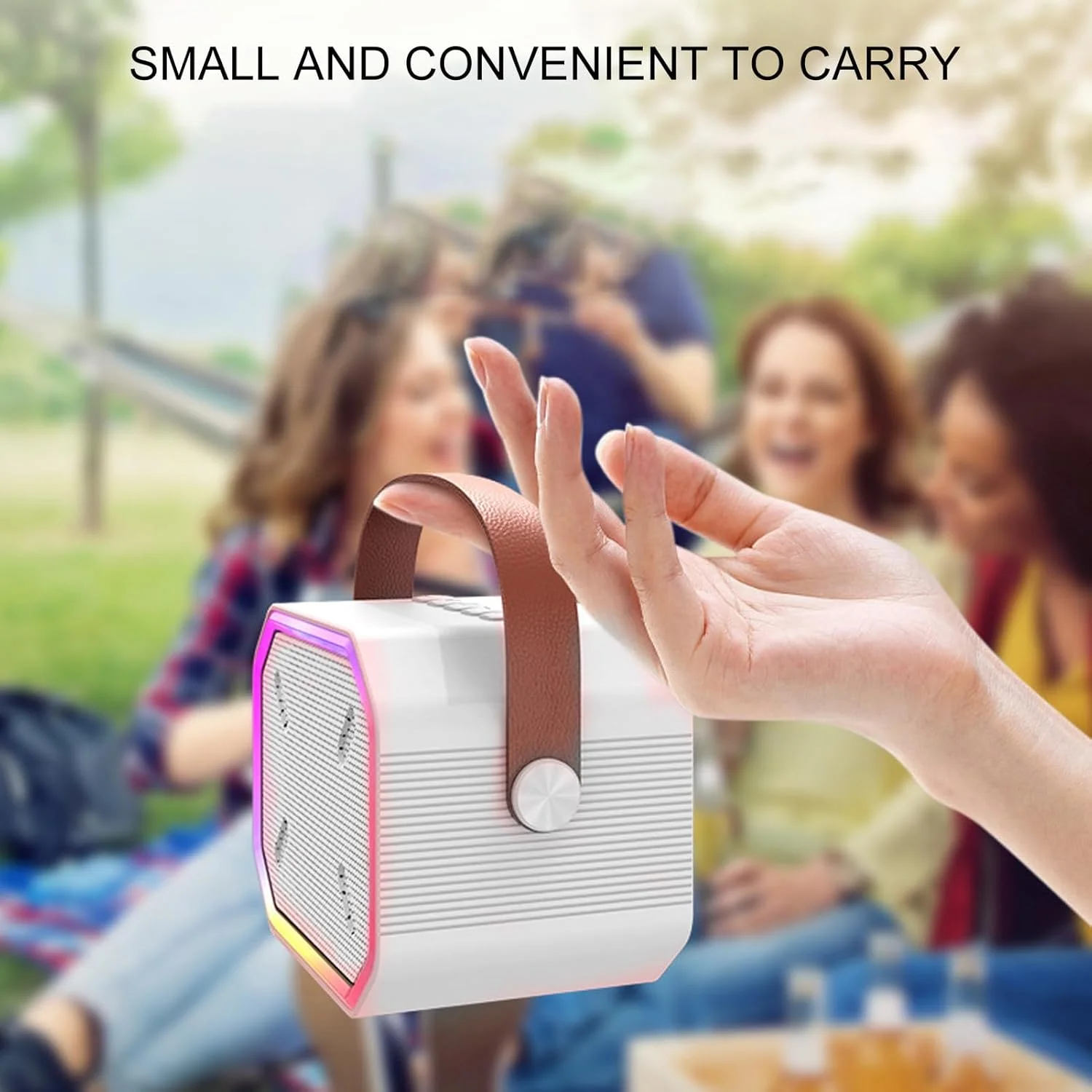 دستگاه کارائوکه DAUZ، افکت های صوتی متنوع، اسپیکر کارائوکه بی سیم سفید رنگ، قابل شارژ با Type C، نورپردازی خیره کننده، دارای 2 میکروفون بی سیم دستی برای مهمانی