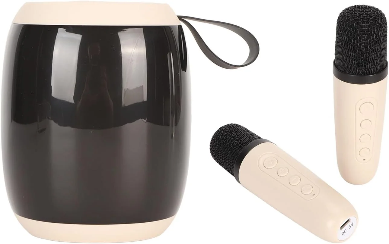 اسپیکر کارائوکه DAUZ، دستگاه مینی کارائوکه با صدای فراگیر 360 درجه به همراه دو میکروفون، مناسب برای استفاده در منزل (سفید)