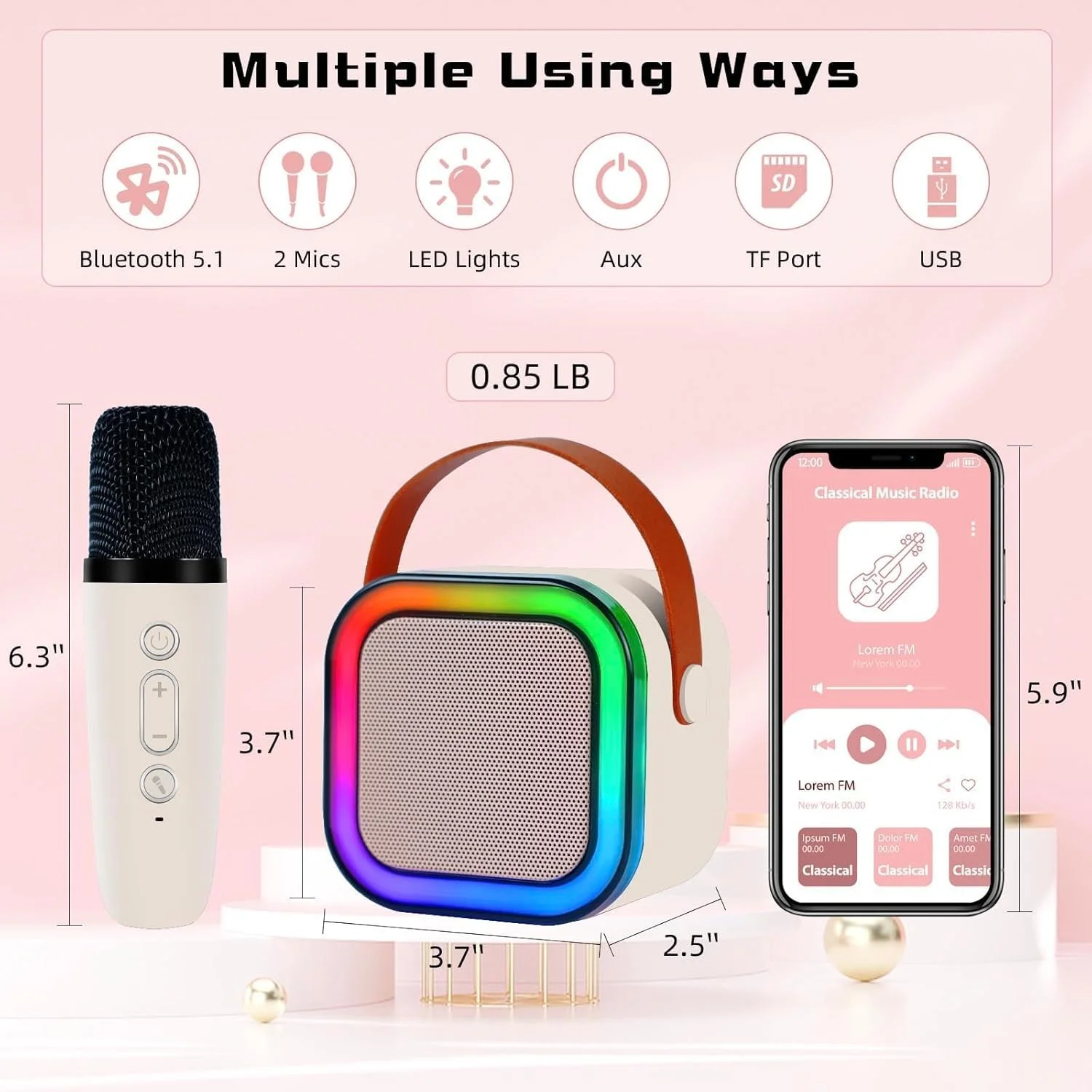 دستگاه کارائوکه قابل حمل ترکلس برای کودکان و بزرگسالان، میکروفون و اسپیکر بلوتوثی کوچک کارائوکه با 1 میکروفون بی سیم و نور، هدیه، رنگ های تصادفی