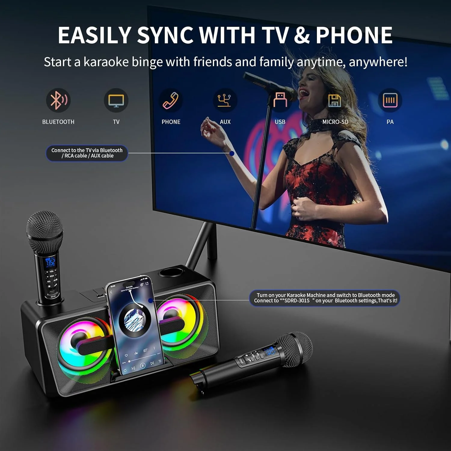 دستگاه کارائوکه برای بزرگسالان و کودکان با 2 میکروفون بی سیم UHF، بلندگوهای بلوتوث قابل حمل، سیستم آدرس عمومی با چراغ های کلوپ شبانه، پشتیبانی از بلوتوث، AUX، USB/TF (مشکی)