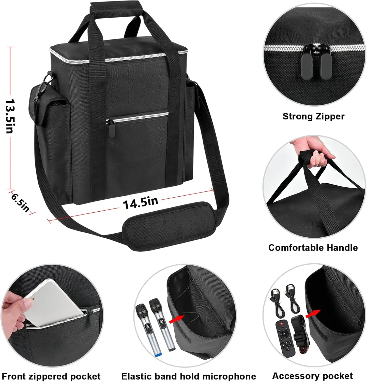 کیف کارائوکه سازگار با JYX-S55/ برای دستگاه کارائوکه JYX 69BT با دو میکروفون بی سیم، نگهدارنده برای سیستم PA اسپیکر بلوتوث قابل حمل MS69، جعبه برای کنترل از راه دور، کابل شارژ (فقط کیف)
