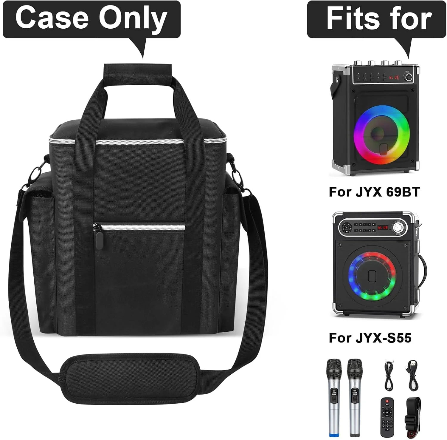 کیف کارائوکه سازگار با JYX-S55/ برای دستگاه کارائوکه JYX 69BT با دو میکروفون بی سیم، نگهدارنده برای سیستم PA اسپیکر بلوتوث قابل حمل MS69، جعبه برای کنترل از راه دور، کابل شارژ (فقط کیف)