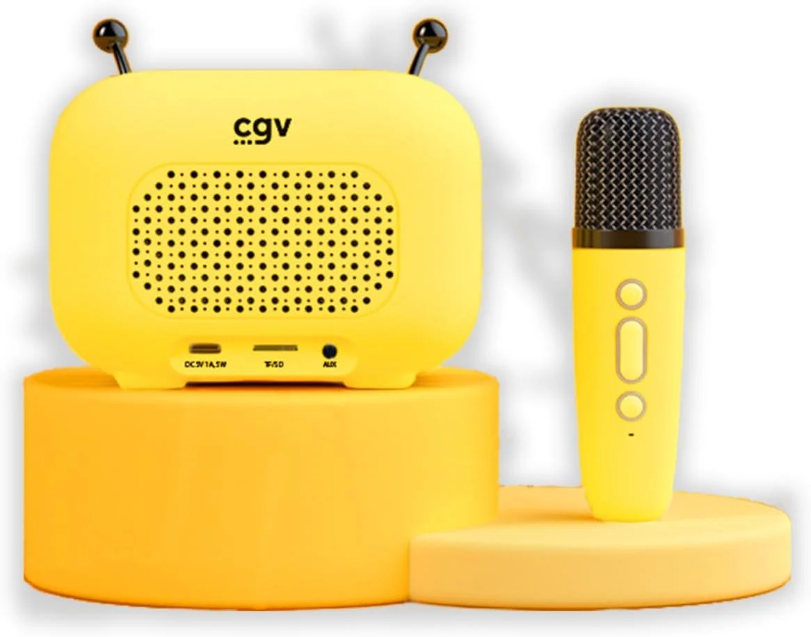 اسپیکر بلوتوث و میکروفون کارائوکه بی‌سیم CGV مدل مایا | دارای افکت‌های کنترل صدای جادویی روی میکروفون | سازگار با iOS و Android | عمر باتری 8 ساعت