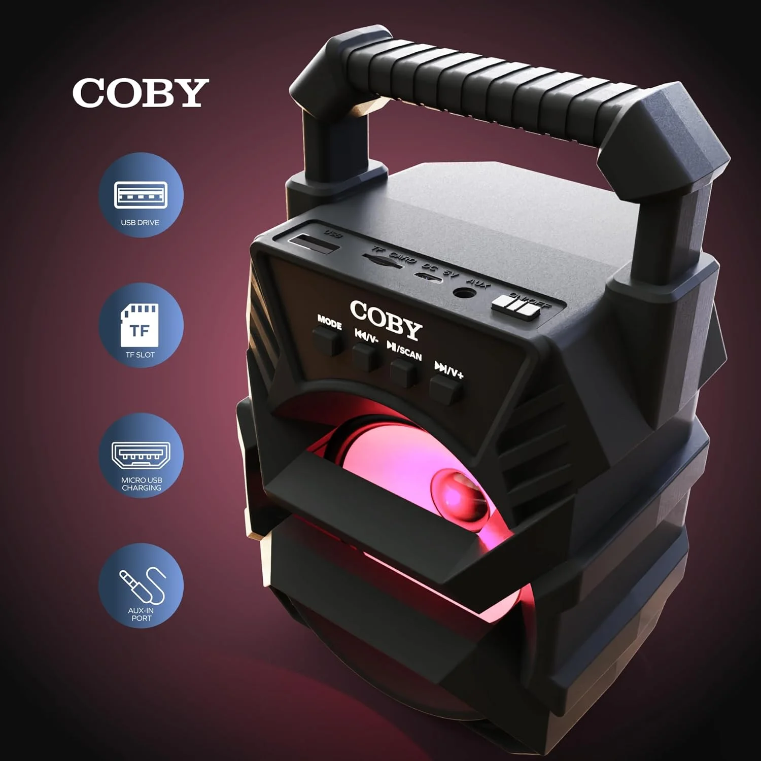 اسپیکر بلوتوث قابل حمل Coby | سیستم PA بی سیم با رادیو FM | ورودی میکروفون | دستگاه کارائوکه با چراغ | ایده آل برای کودکان، بزرگسالان و فضای باز