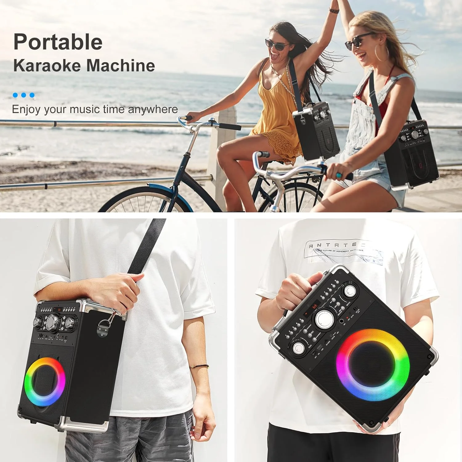دستگاه کارائوکه حرفه ای صوتی با 3 میکروفون، 24 ساعت پخش مداوم، اسپیکر مهمانی بلوتوث 5.3 قابل حمل با نور DJ و تقویت کننده باس، سیستم سرگرمی خانگی همه کاره برای بزرگسالان/کودکان، گردهمایی های داخلی/خارجی