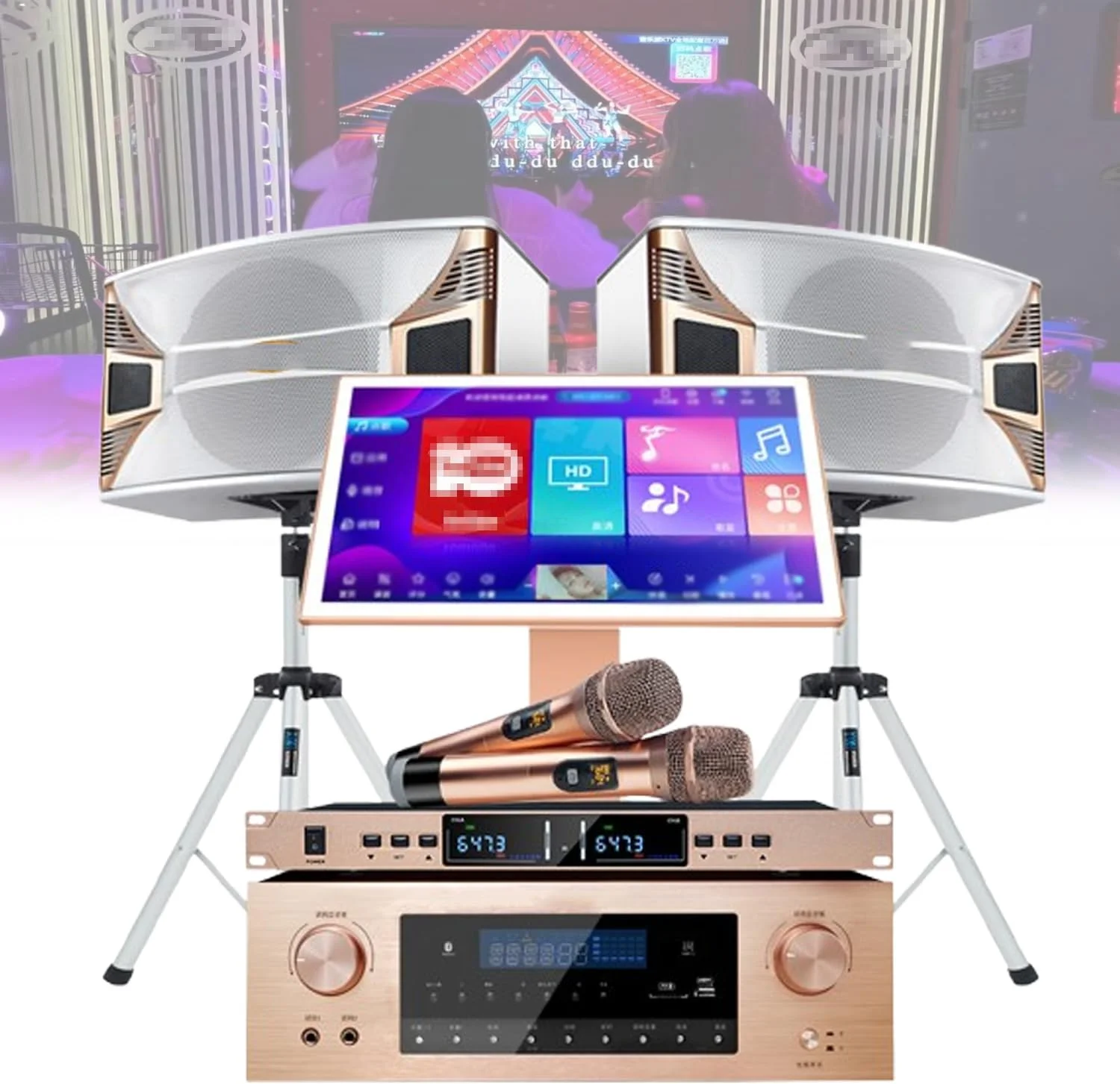 دستگاه کارائوکه با صفحه لمسی خازنی 19.5 اینچی، حافظه هارد دیسک 1 ترابایت/2 ترابایت/3 ترابایت/4 ترابایت، آمپلی فایر 550 واتی با 2 میکروفون بی سیم ریورب، 2 بلندگو، 27 زبان برای مهمانی خانگی، KTV تجاری