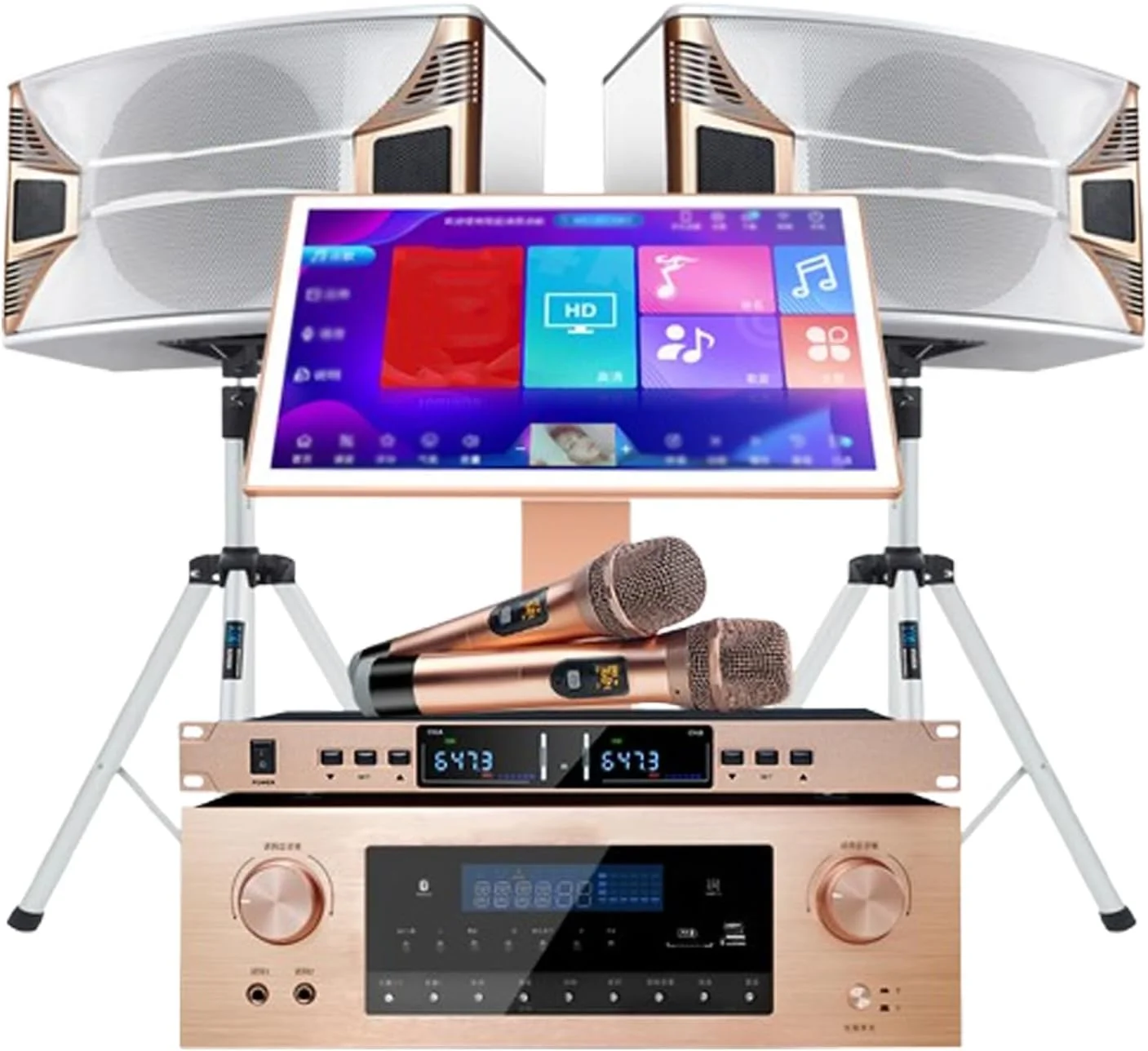دستگاه کارائوکه با صفحه لمسی خازنی 19 اینچی، حافظه هارد دیسک 500 گیگابایتی/آمپلی فایر 550 واتی با 2 میکروفون بی سیم ریورب، 2 بلندگو، درخواست آهنگ هوشمند صوتی هوش مصنوعی و 27 زبان برای مهمانی خانگی