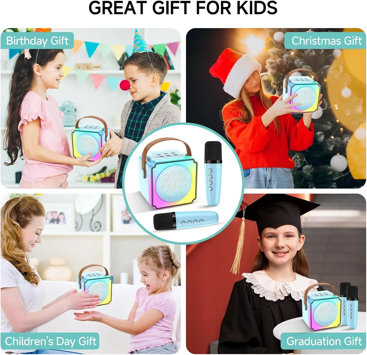 دستگاه کارائوکه کوچک برای کودکان، دستگاه کارائوکه بلوتوث قابل حمل با 2 میکروفون بی سیم، دستگاه کارائوکه کودکان برای جشن تولد خانگی، هدیه برای دختران پسر (آبی)