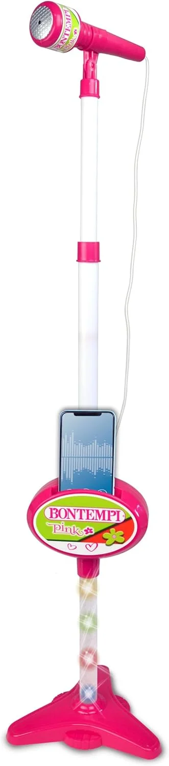 میکروفون استیج MP3 Bontempi - میکروفون استیج با اتصال MP3 برای اجراهای متنوع، با جلوه های نوری و محفظه تلفن هوشمند، صورتی، 40.9 x 19.5 x 6.4 سانتی متر