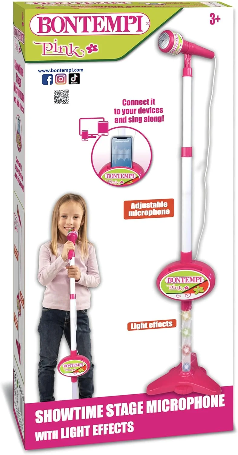 میکروفون استیج MP3 Bontempi - میکروفون استیج با اتصال MP3 برای اجراهای متنوع، با جلوه های نوری و محفظه تلفن هوشمند، صورتی، 40.9 x 19.5 x 6.4 سانتی متر
