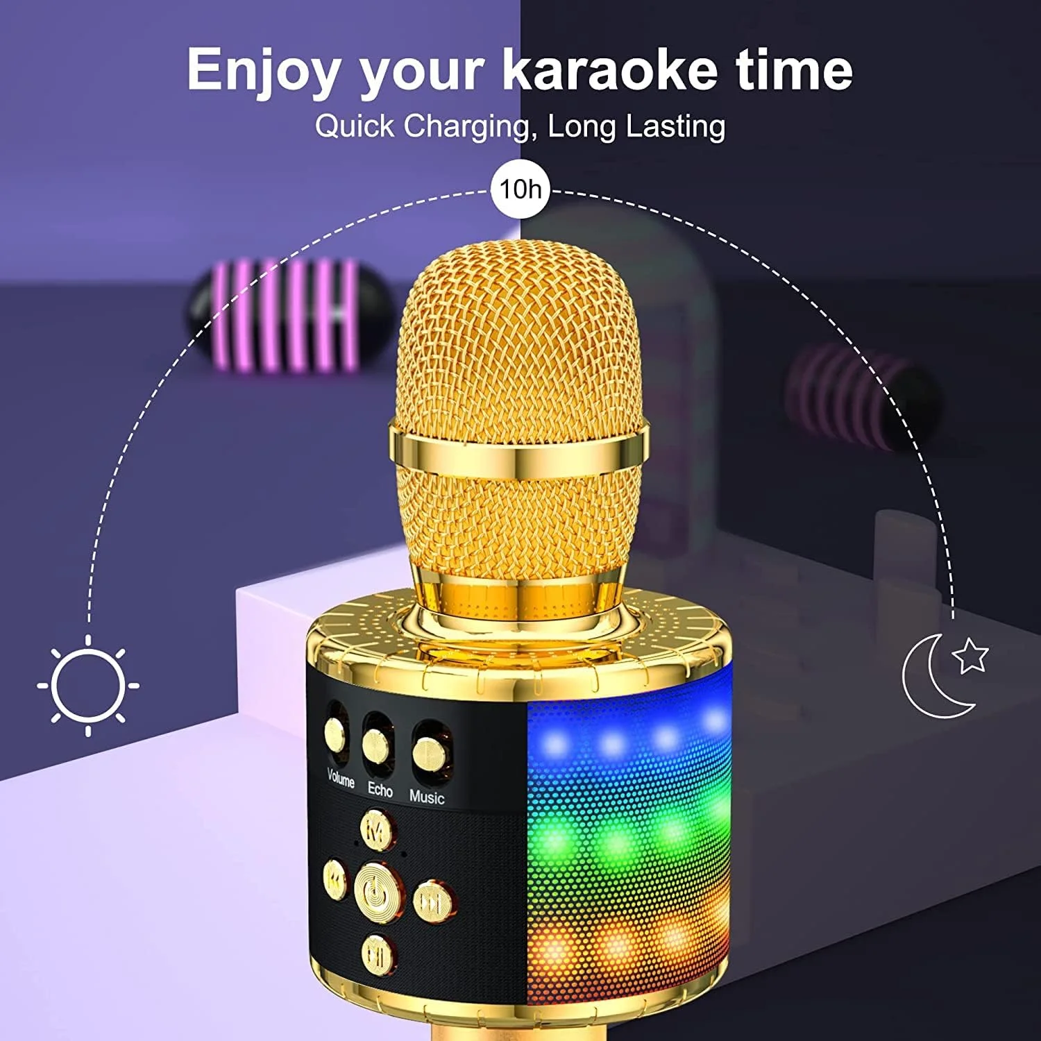 میکروفون بی‌سیم BONAOK، میکروفون کارائوکه پخش کننده بلوتوث قابل حمل با چراغ های LED رنگارنگ، میکروفون مهمانی خانوادگی برای دستگاه های هوشمند اندروید/iOS - طلایی