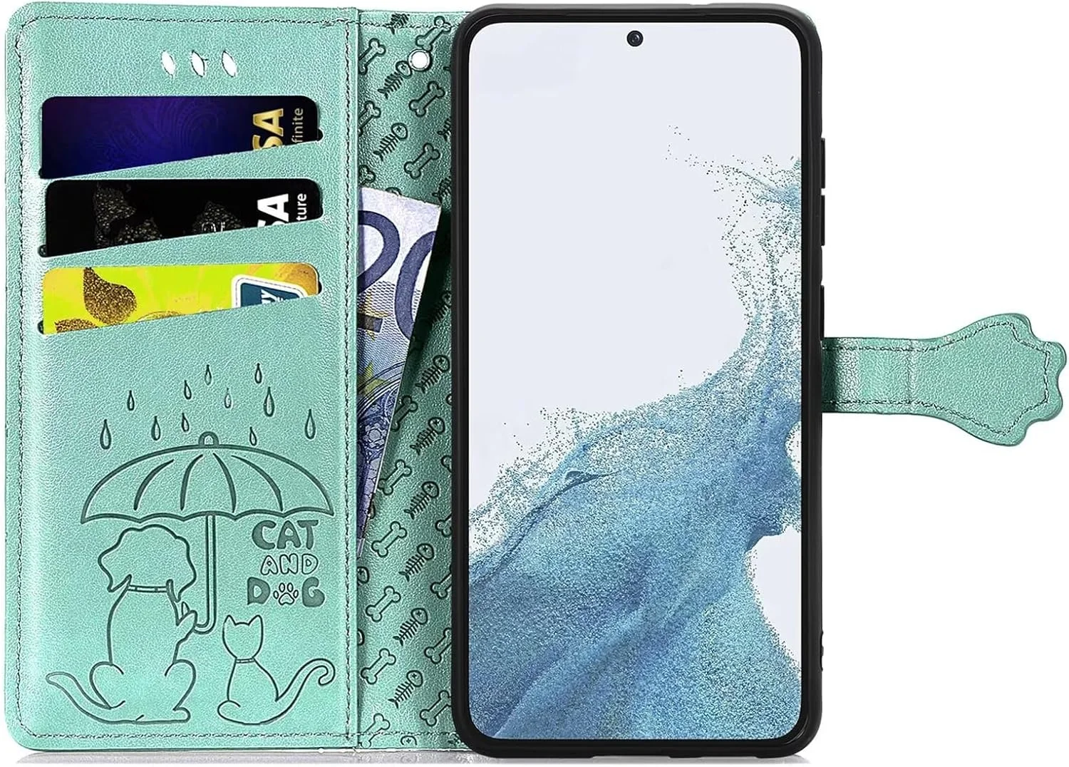 کیف پول چرمی طرح برجسته گربه و سگ کارتونی Nadoli با بند آویز، پایه و جای کارت برای گوشی سامسونگ گلکسی A54 5G
