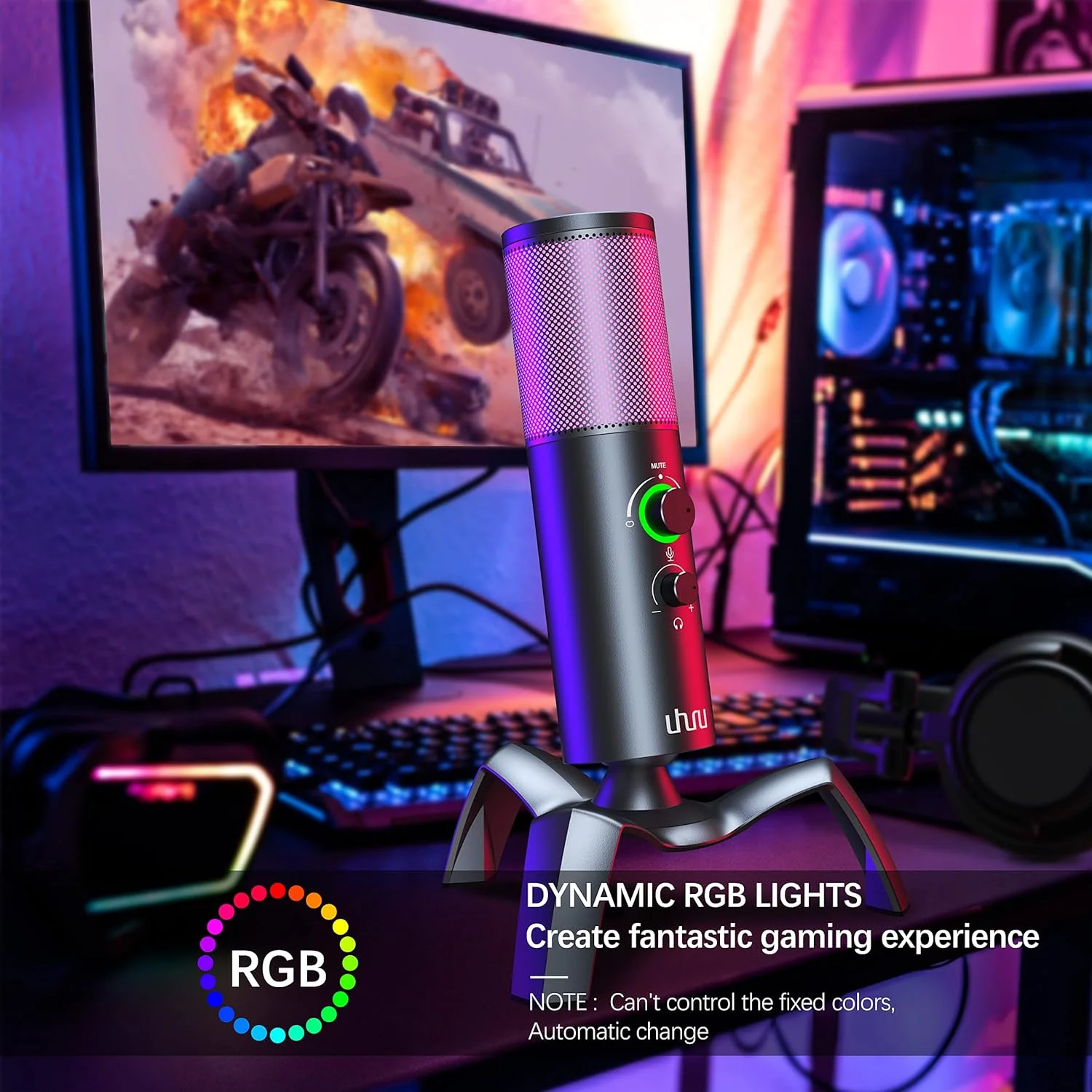 میکروفون پادکست USB چند الگویی Uhuru با 2 الگوی ضبط، مانیتورینگ بدون تاخیر، میکروفون گیمینگ کاندنسر با قابلیت تنظیم گین میکروفون برای کامپیوتر (UM-1100، خاکستری)