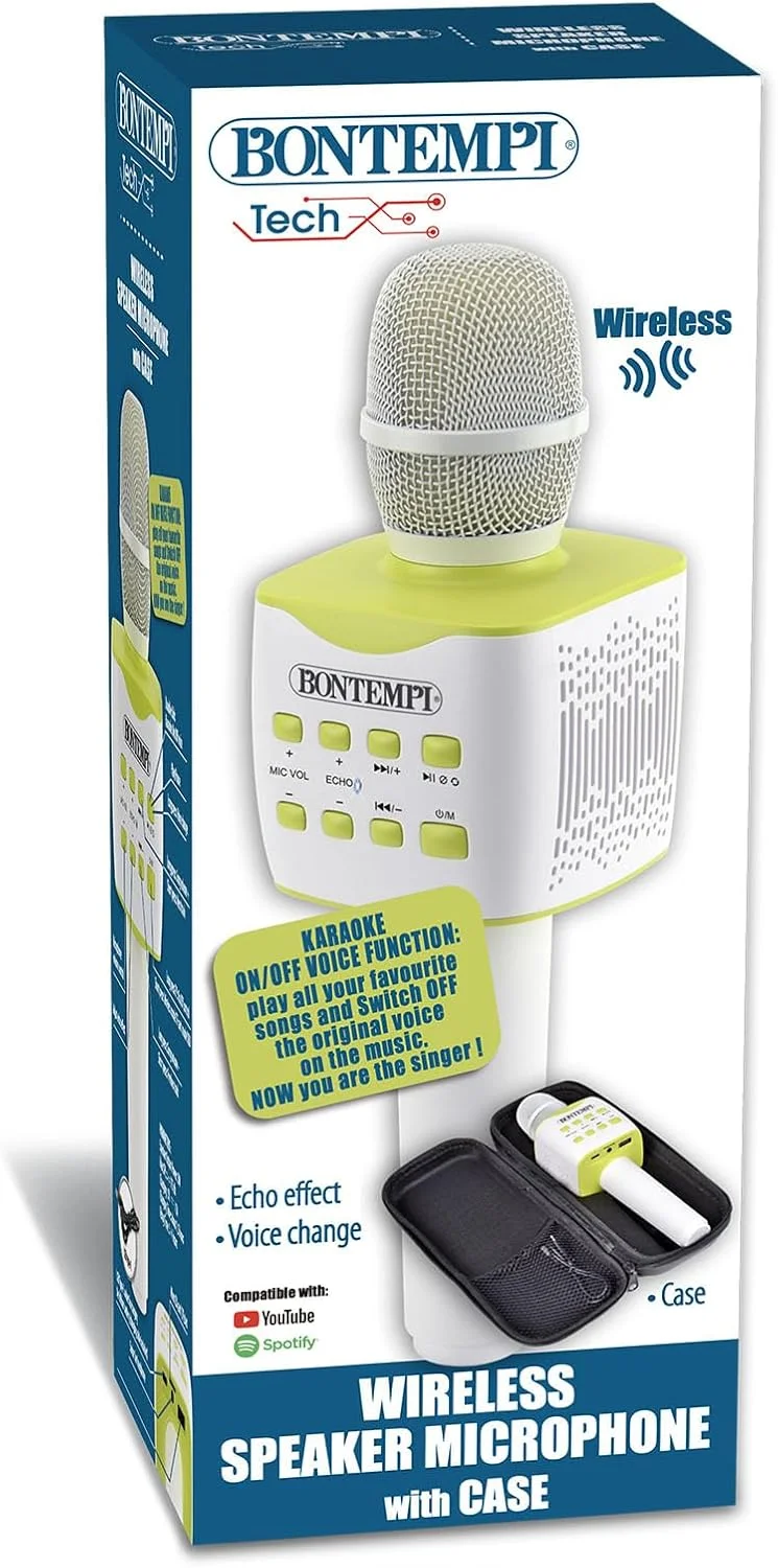 میکروفون بی سیم Bontempi با کیف و بلندگوی کارائوکه، افکت بلندگو، تنظیم صدا و اکو، 27 x 7.5 x 7.5 سانتی متر
