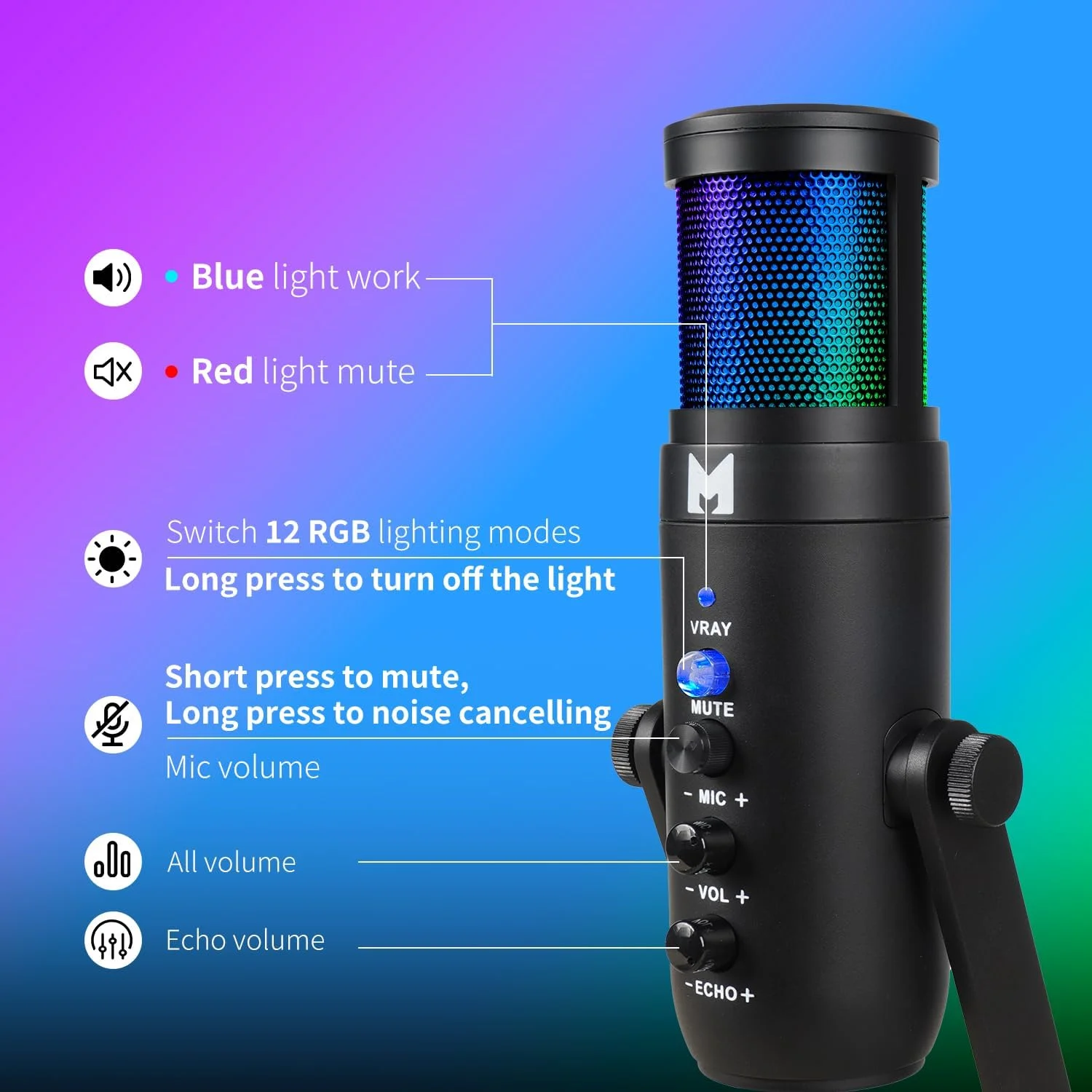 میکروفون USB برای کامپیوتر، میکروفون گیمینگ برای استریم پادکست و صداگذاری، میکروفون کاندنسر USB C با کنترل RGB، سازگار با تلفن همراه، کامپیوتر، PS4، PS5 و مک