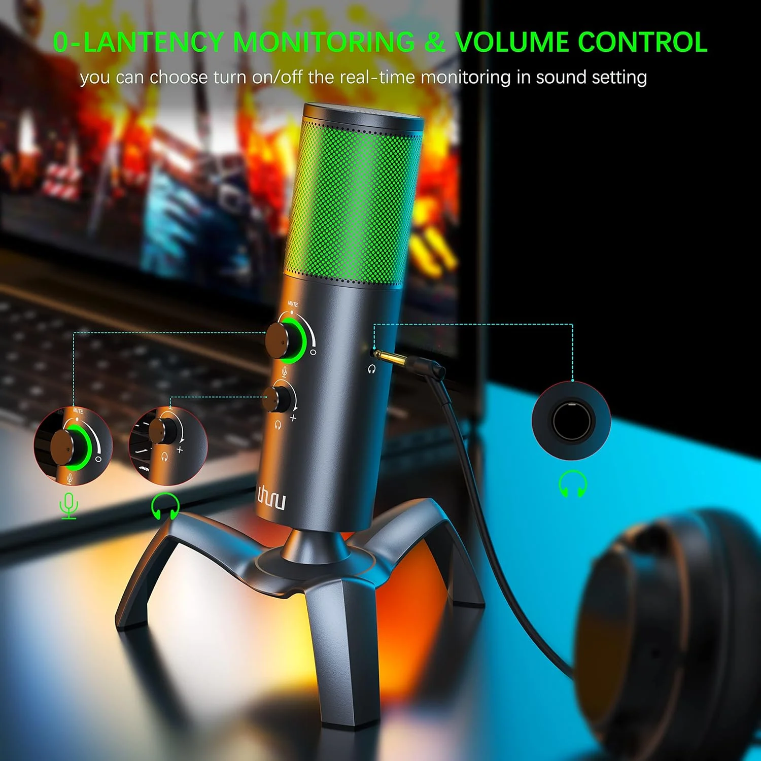 میکروفون پادکست USB چند الگویی Uhuru با 2 الگوی ضبط، مانیتورینگ بدون تاخیر، میکروفون گیمینگ کاندنسر با قابلیت تنظیم گین میکروفون برای کامپیوتر (UM-1100، خاکستری)