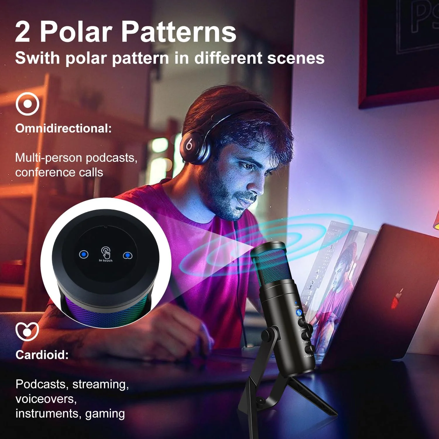 میکروفون USB برای کامپیوتر، میکروفون گیمینگ برای استریم پادکست و صداگذاری، میکروفون کاندنسر USB C با کنترل RGB، سازگار با تلفن همراه، کامپیوتر، PS4، PS5 و مک